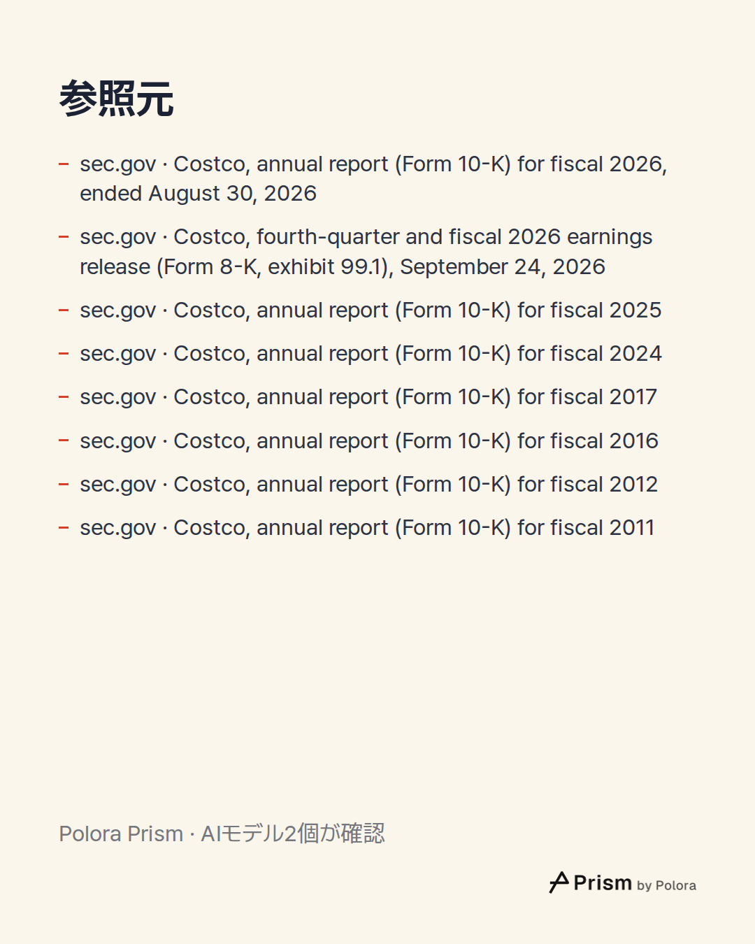 出典 8 : sec.gov · Costco, annual report (Form 10-K) for fiscal 2026, ended August 30, 2026, sec.gov · Costco, fourth-quarter and fiscal 2026 earnings release (Form 8-K, exhibit 99.1), September 24, 2026, sec.gov · Costco, annual report (Form 10-K) for fiscal 2025 + 5
