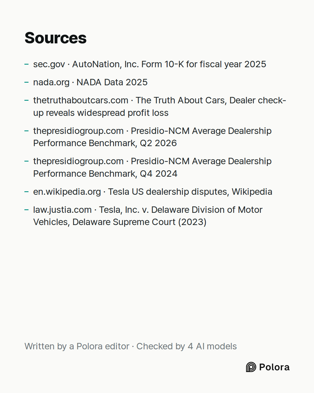 Sources 7 : sec.gov · AutoNation, Inc. Form 10-K for fiscal year 2025, nada.org · NADA Data 2025, thetruthaboutcars.com · The Truth About Cars, Dealer check-up reveals widespread profit loss + 4