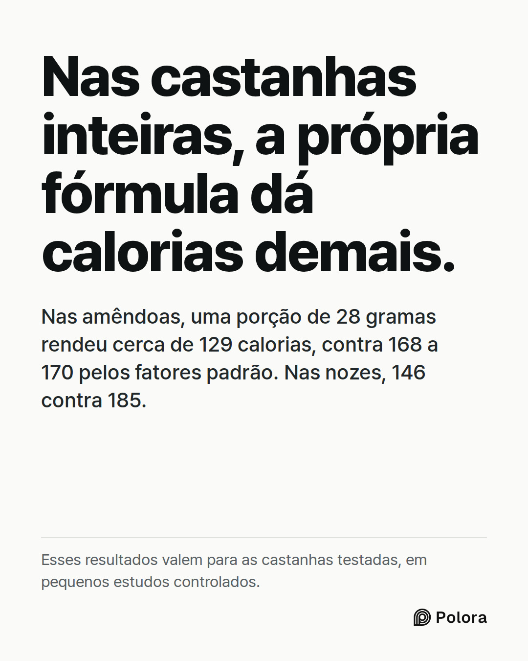 Nas castanhas inteiras, a própria fórmula dá calorias demais. · Nas amêndoas, uma porção de 28 gramas rendeu cerca de 129 calorias, contra 168 a 170 pelos fatores padrão. Nas nozes, 146 contra 185. · Esses resultados valem para as castanhas testadas, em pequenos estudos controlados.