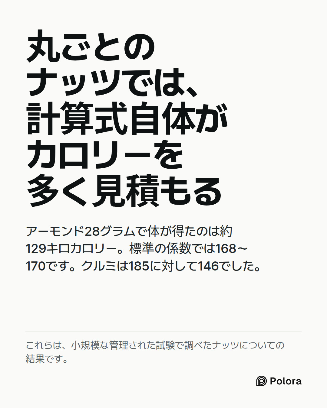 丸ごとのナッツでは、計算式自体がカロリーを多く見積もる · アーモンド28グラムで体が得たのは約129キロカロリー。標準の係数では168〜170です。クルミは185に対して146でした。 · これらは、小規模な管理された試験で調べたナッツについての結果です。