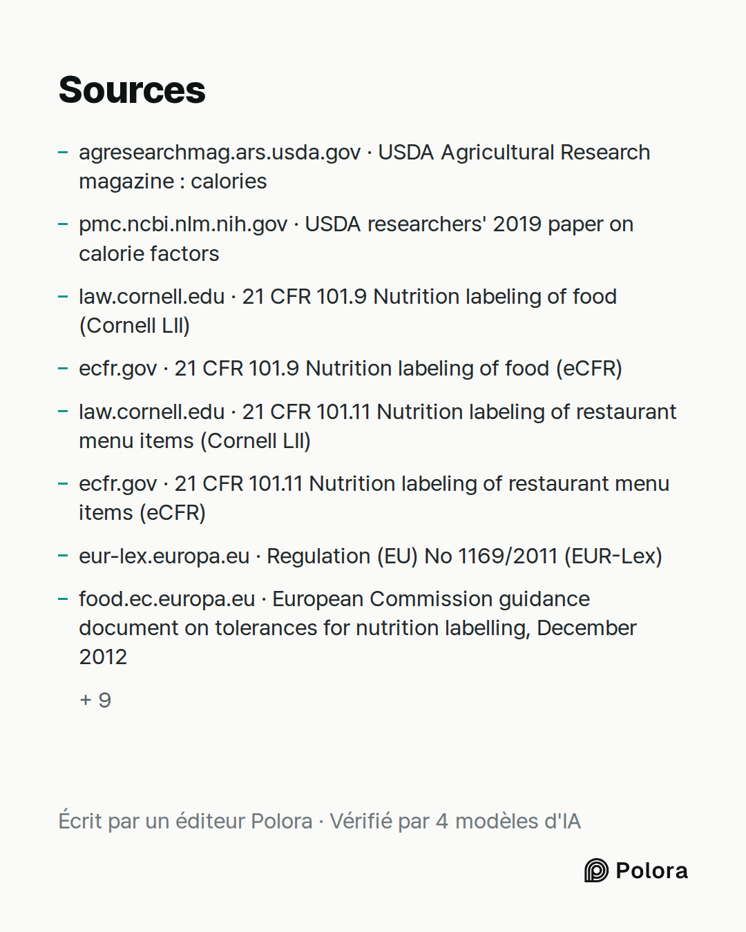 Sources 17 : agresearchmag.ars.usda.gov · USDA Agricultural Research magazine : calories, pmc.ncbi.nlm.nih.gov · USDA researchers' 2019 paper on calorie factors, law.cornell.edu · 21 CFR 101.9 Nutrition labeling of food (Cornell LII) + 14