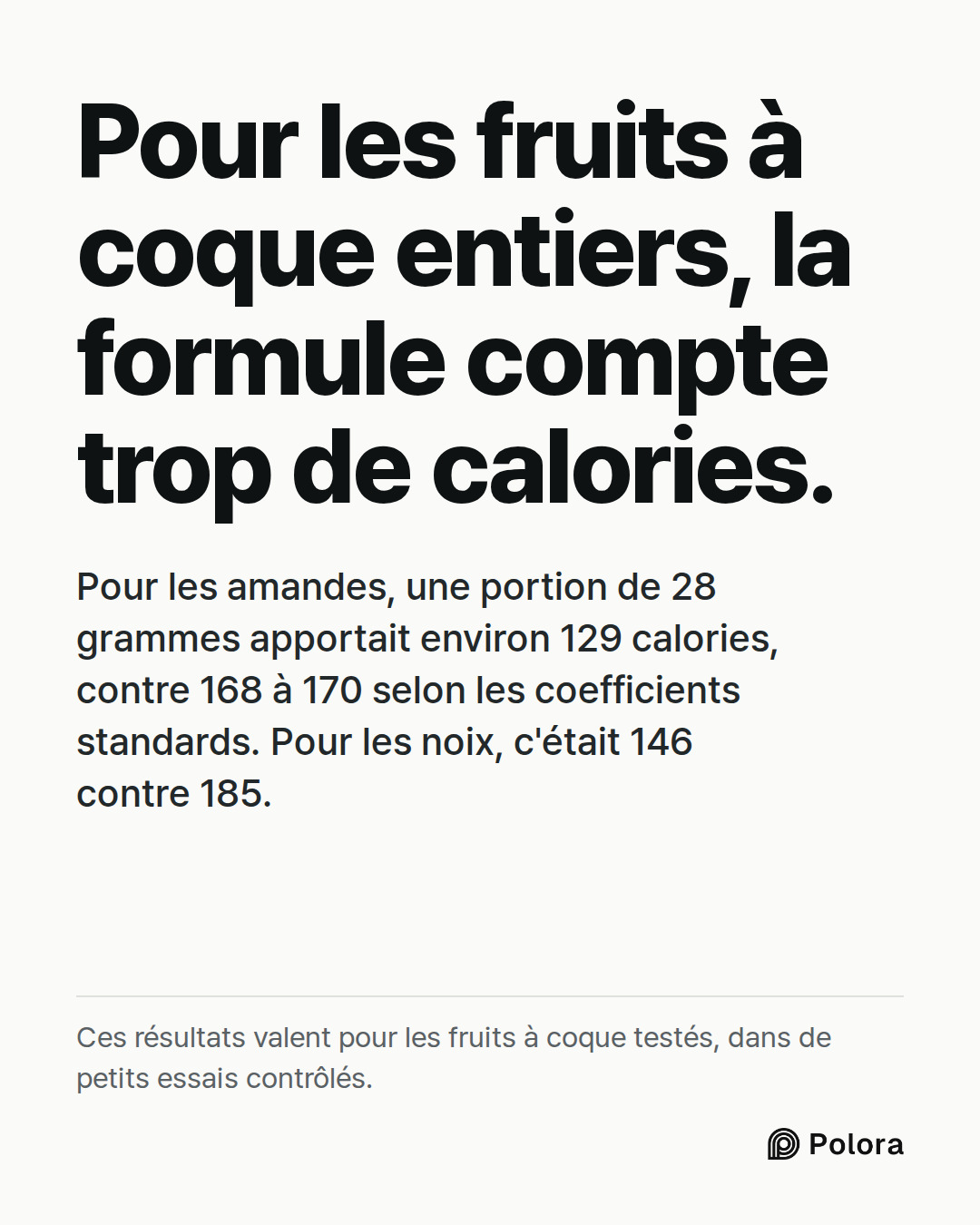 Pour les fruits à coque entiers, la formule compte trop de calories. · Pour les amandes, une portion de 28 grammes apportait environ 129 calories, contre 168 à 170 selon les coefficients standards. Pour les noix, c'était 146 contre 185. · Ces résultats valent pour les fruits à coque testés, dans de