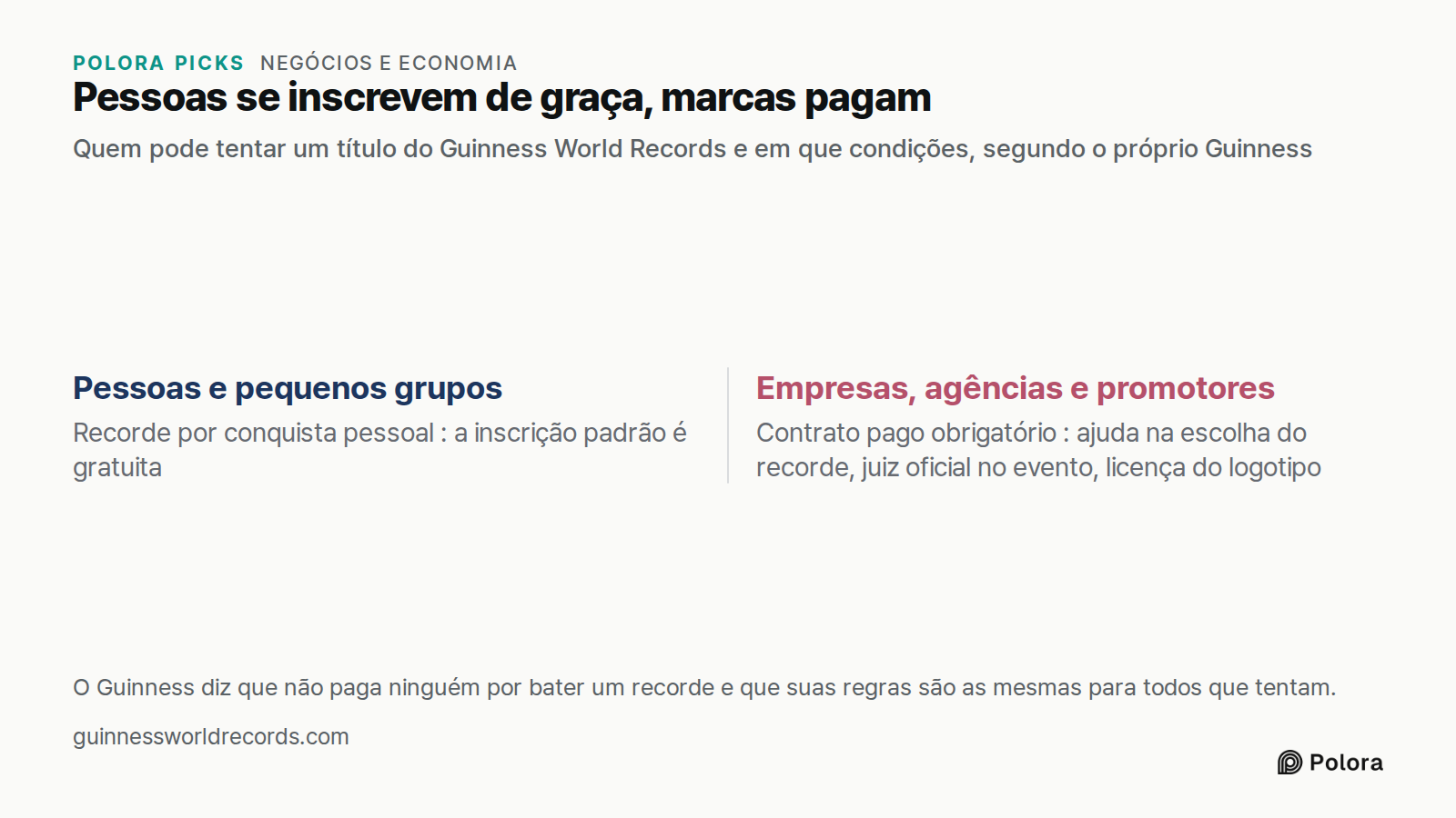 Pessoas se inscrevem de graça, marcas pagam · Quem pode tentar um título do Guinness World Records e em que condições, segundo o próprio Guinness · Pessoas e pequenos grupos · Empresas, agências e promotores · Recorde por conquista pessoal : a inscrição padrão é gratuita · Contrato pago obrigatório