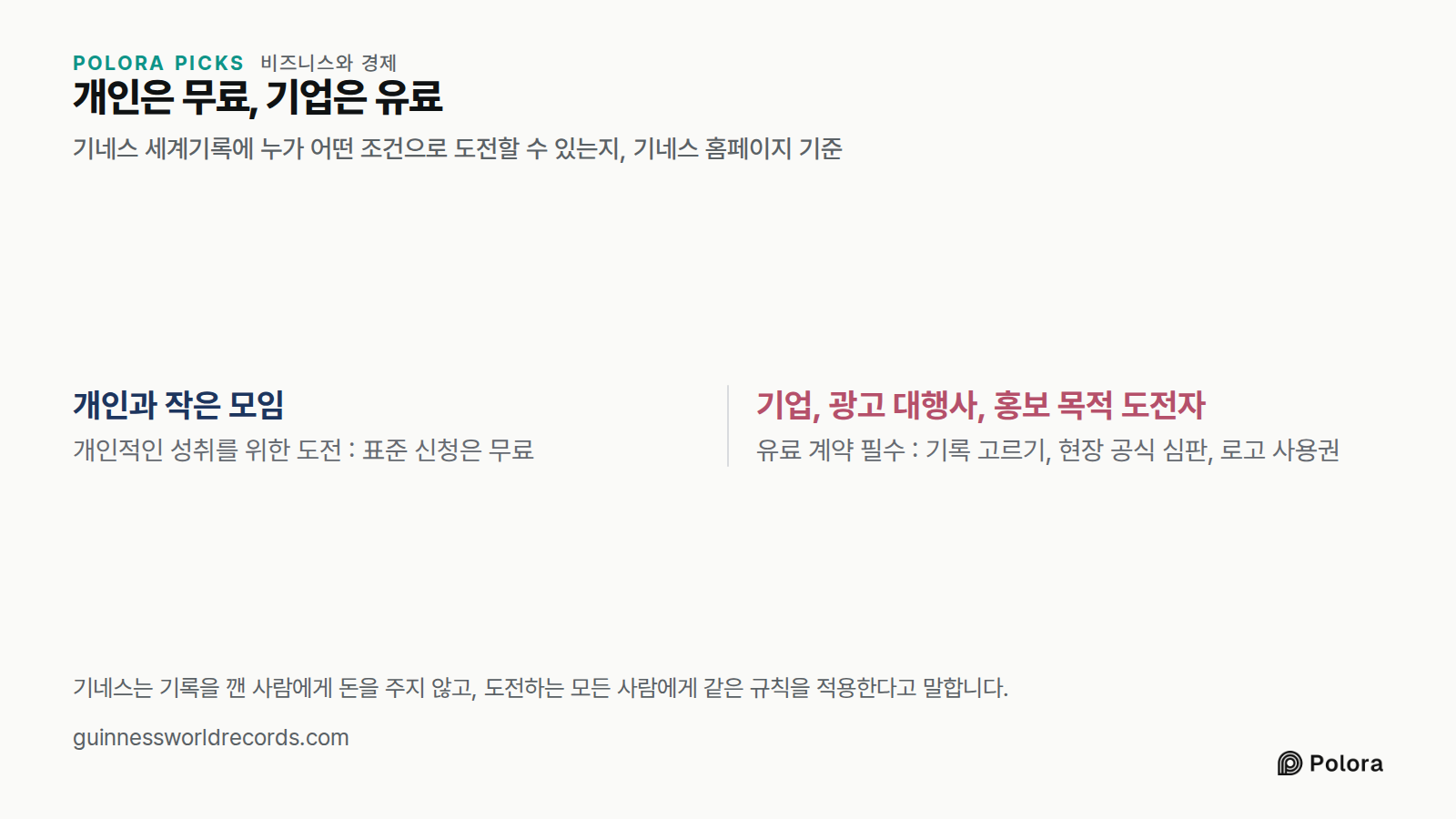 개인은 무료, 기업은 유료 · 기네스 세계기록에 누가 어떤 조건으로 도전할 수 있는지, 기네스 홈페이지 기준 · 개인과 작은 모임 · 기업, 광고 대행사, 홍보 목적 도전자 · 개인적인 성취를 위한 도전 : 표준 신청은 무료 · 유료 계약 필수 : 기록 고르기, 현장 공식 심판, 로고 사용권 · 기네스는 기록을 깬 사람에게 돈을 주지 않고, 도전하는 모든 사람에게 같은 규칙을 적용한다고 말합니다.