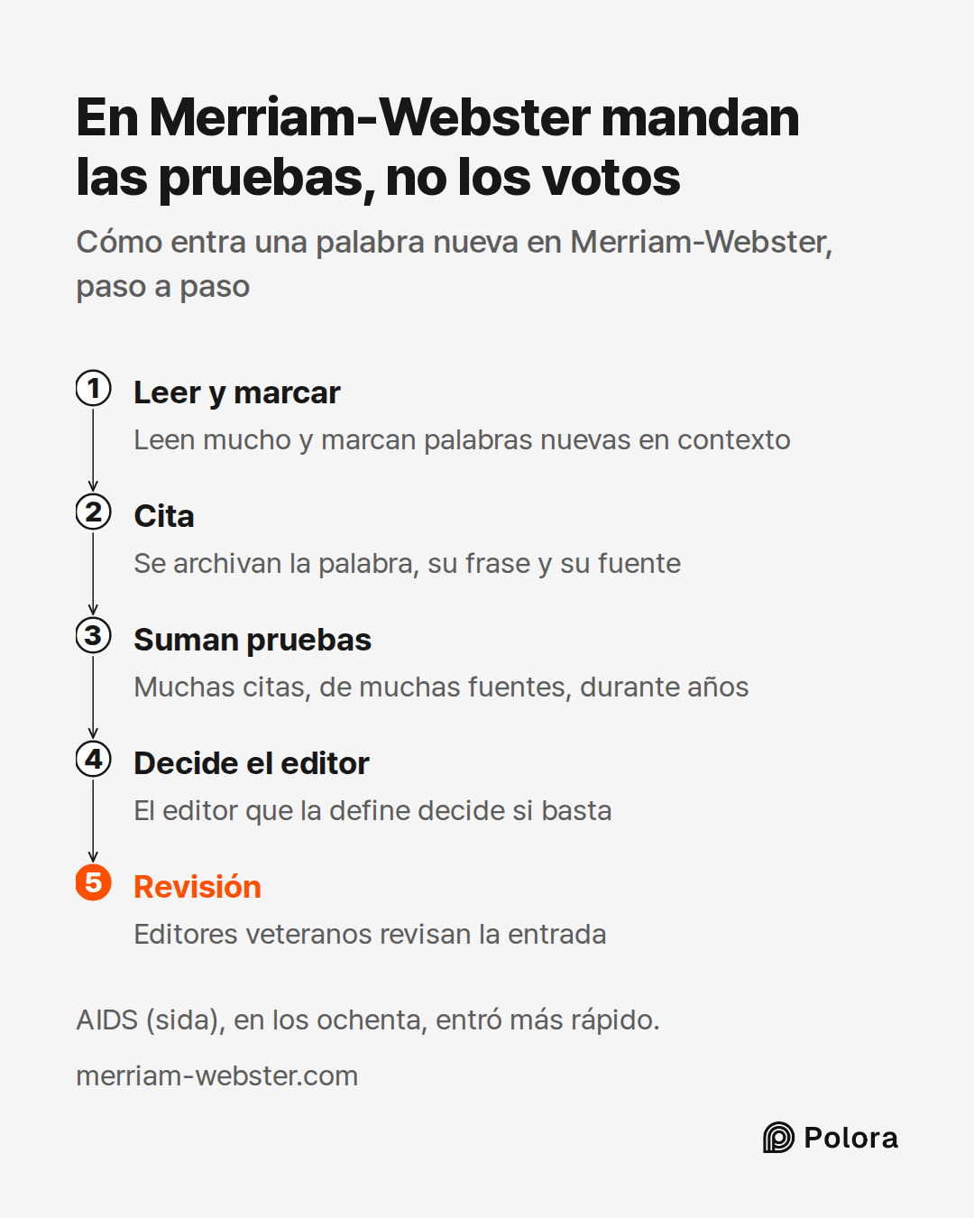 Leer y marcar · Cita · Suman pruebas · Decide el editor · Revisión · Leen mucho y marcan palabras nuevas en contexto · Se archivan la palabra, su frase y su fuente · Muchas citas, de muchas fuentes, durante años · El editor que la define decide si basta · Editores veteranos revisan la entrada · En M