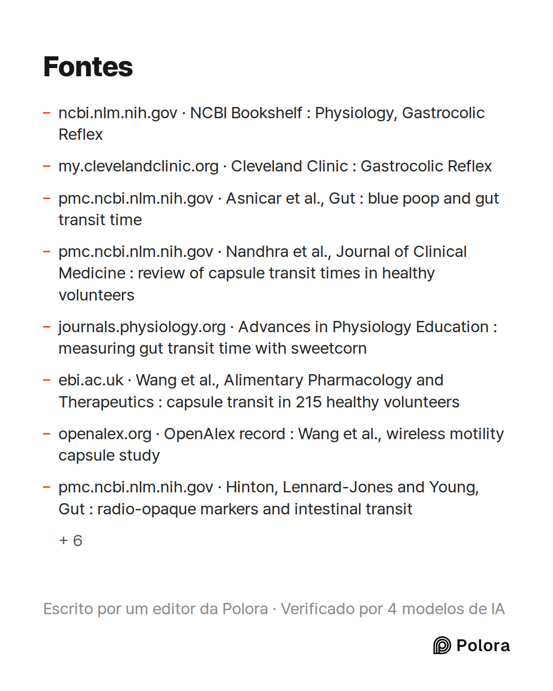 Fontes 14 : ncbi.nlm.nih.gov · NCBI Bookshelf : Physiology, Gastrocolic Reflex, my.clevelandclinic.org · Cleveland Clinic : Gastrocolic Reflex, pmc.ncbi.nlm.nih.gov · Asnicar et al., Gut : blue poop and gut transit time + 11