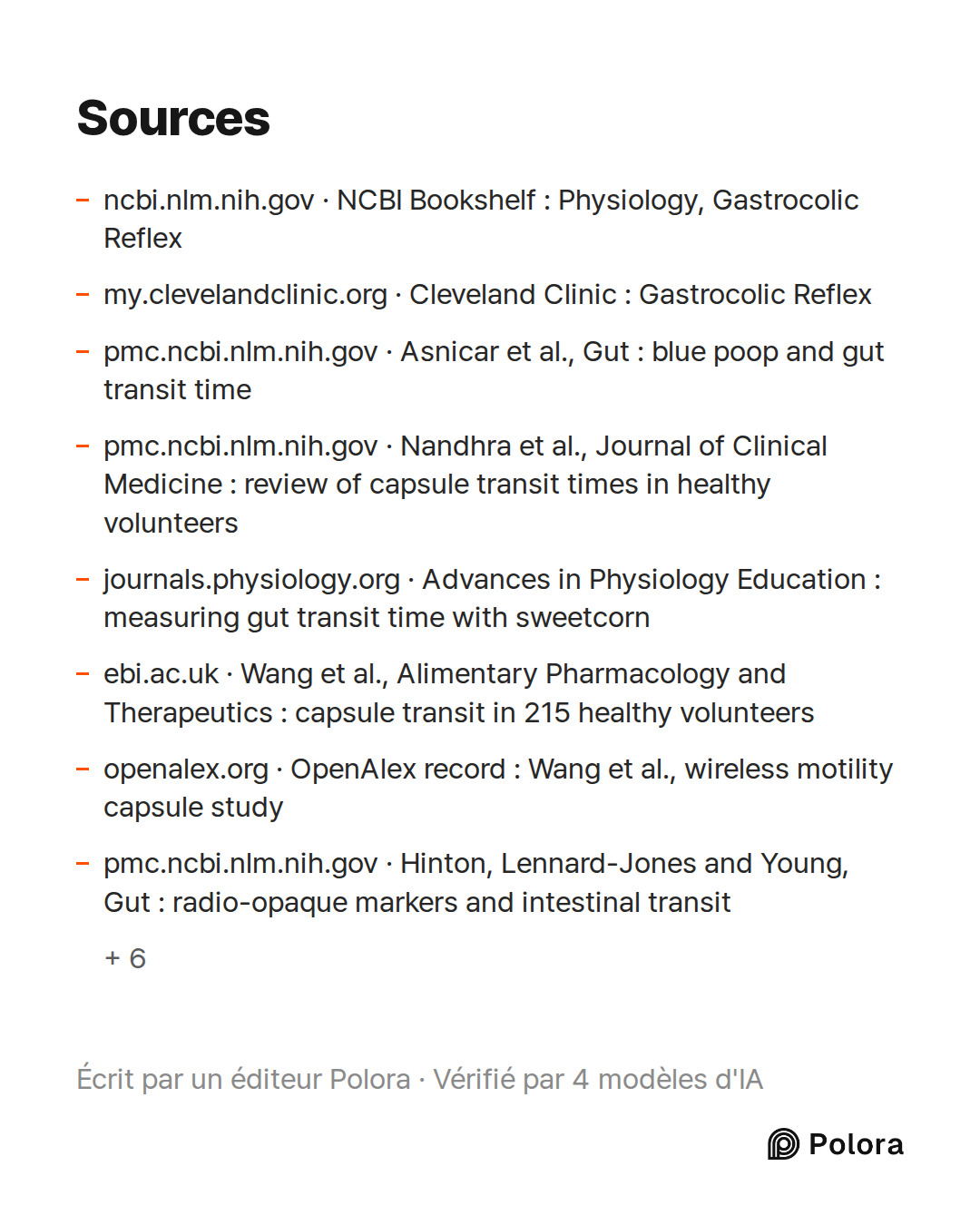 Sources 14 : ncbi.nlm.nih.gov · NCBI Bookshelf : Physiology, Gastrocolic Reflex, my.clevelandclinic.org · Cleveland Clinic : Gastrocolic Reflex, pmc.ncbi.nlm.nih.gov · Asnicar et al., Gut : blue poop and gut transit time + 11
