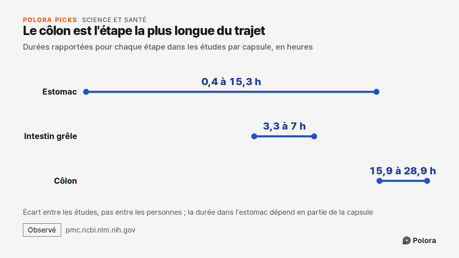 Le côlon est l'étape la plus longue du trajet · Durées rapportées pour chaque étape dans les études par capsule, en heures · Estomac · Intestin grêle · Côlon · 0,4 à 15,3 h · 3,3 à 7 h · 15,9 à 28,9 h · Écart entre les études, pas entre les personnes ; la durée dans l'estomac dépend en partie de la