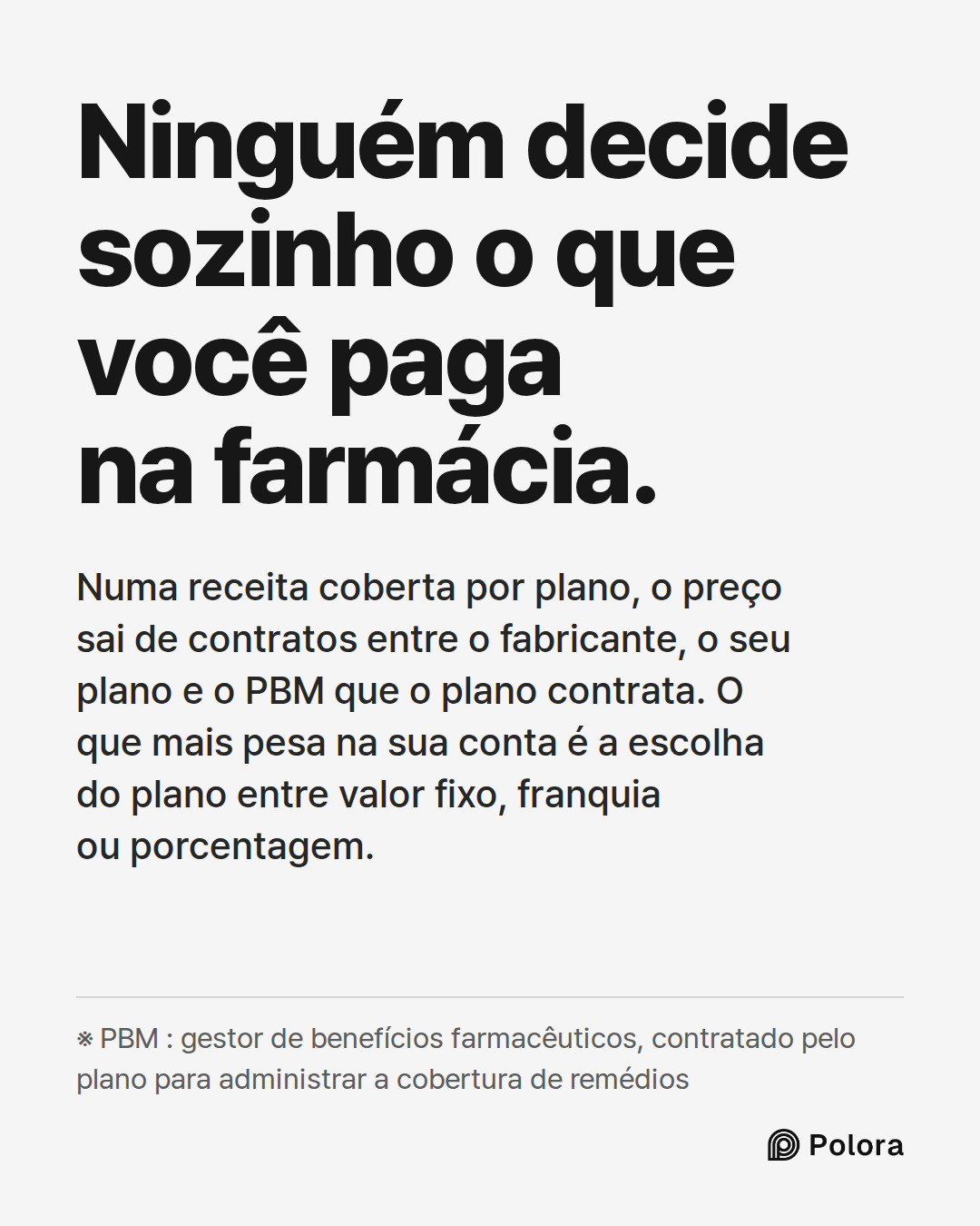 Ninguém decide sozinho o que você paga na farmácia. · Numa receita coberta por plano, o preço sai de contratos entre o fabricante, o seu plano e o PBM que o plano contrata. O que mais pesa na sua conta é a escolha do plano entre valor fixo, franquia ou porcentagem. · ※ PBM : gestor de benefícios far