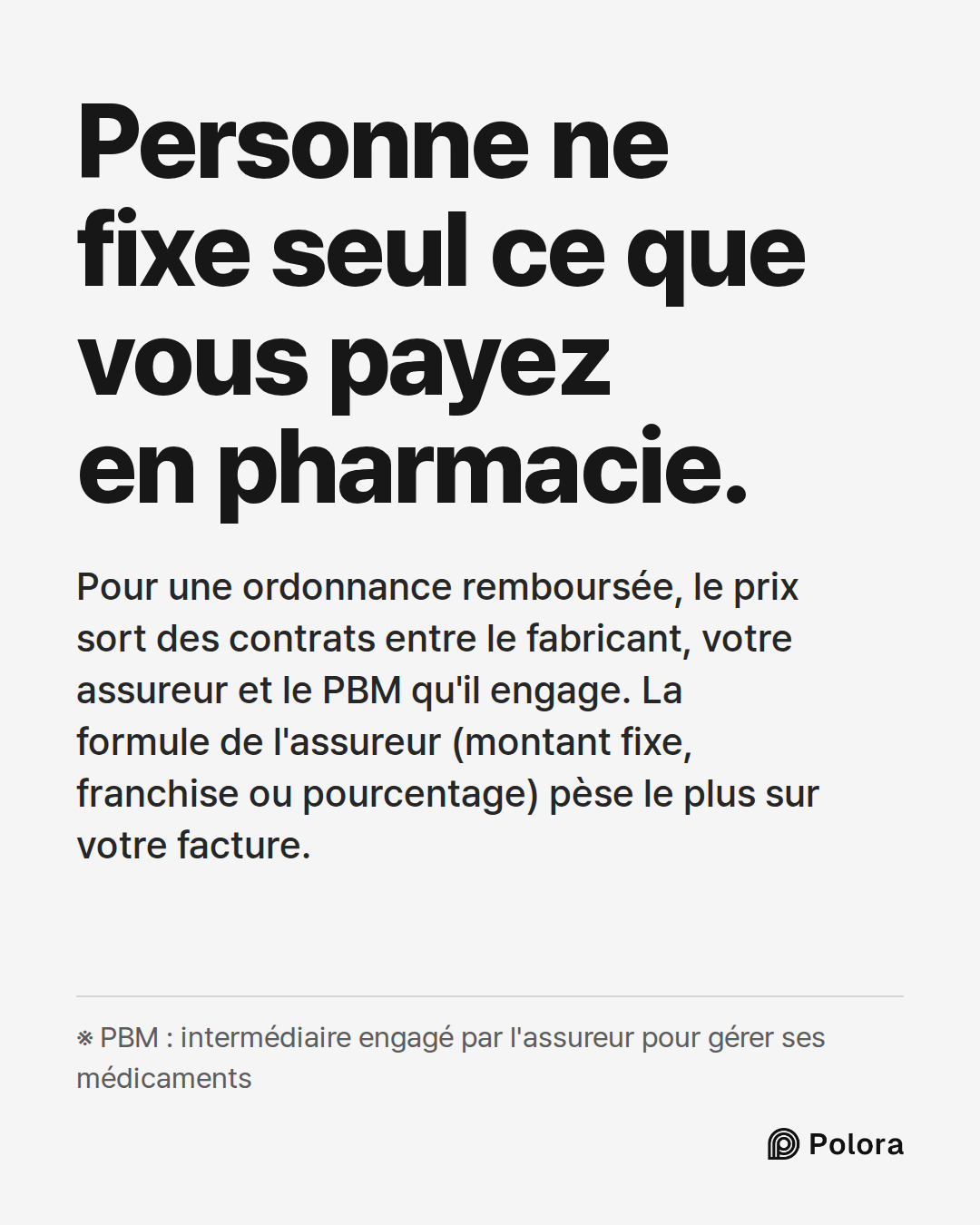 Personne ne fixe seul ce que vous payez en pharmacie. · Pour une ordonnance remboursée, le prix sort des contrats entre le fabricant, votre assureur et le PBM qu'il engage. La formule de l'assureur (montant fixe, franchise ou pourcentage) pèse le plus sur votre facture. · ※ PBM : intermédiaire engag