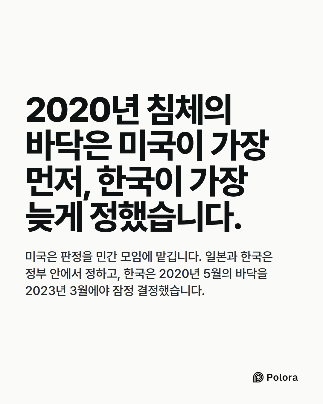 2020년 침체의 바닥은 미국이 가장 먼저, 한국이 가장 늦게 정했습니다. · 미국은 판정을 민간 모임에 맡깁니다. 일본과 한국은 정부 안에서 정하고, 한국은 2020년 5월의 바닥을 2023년 3월에야 잠정 결정했습니다.