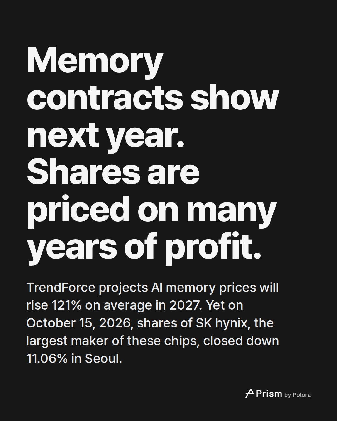Memory contracts show next year. Shares are priced on many years of profit. · TrendForce projects AI memory prices will rise 121% on average in 2027. Yet on October 15, 2026, shares of SK hynix, the largest maker of these chips, closed down 11.06% in Seoul.
