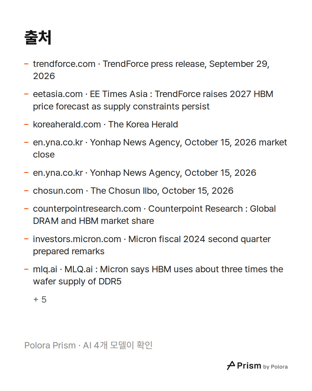 출처 14 : trendforce.com · TrendForce press release, September 29, 2026, eetasia.com · EE Times Asia : TrendForce raises 2027 HBM price forecast as supply constraints persist, koreaherald.com · The Korea Herald + 11