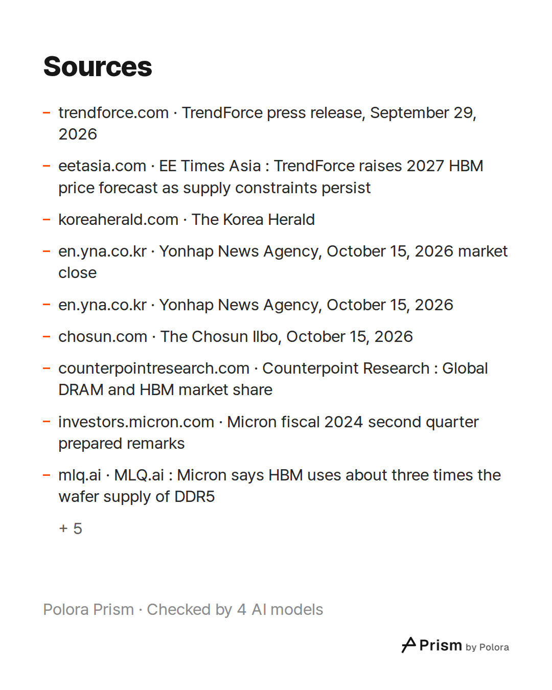 Sources 14 : trendforce.com · TrendForce press release, September 29, 2026, eetasia.com · EE Times Asia : TrendForce raises 2027 HBM price forecast as supply constraints persist, koreaherald.com · The Korea Herald + 11