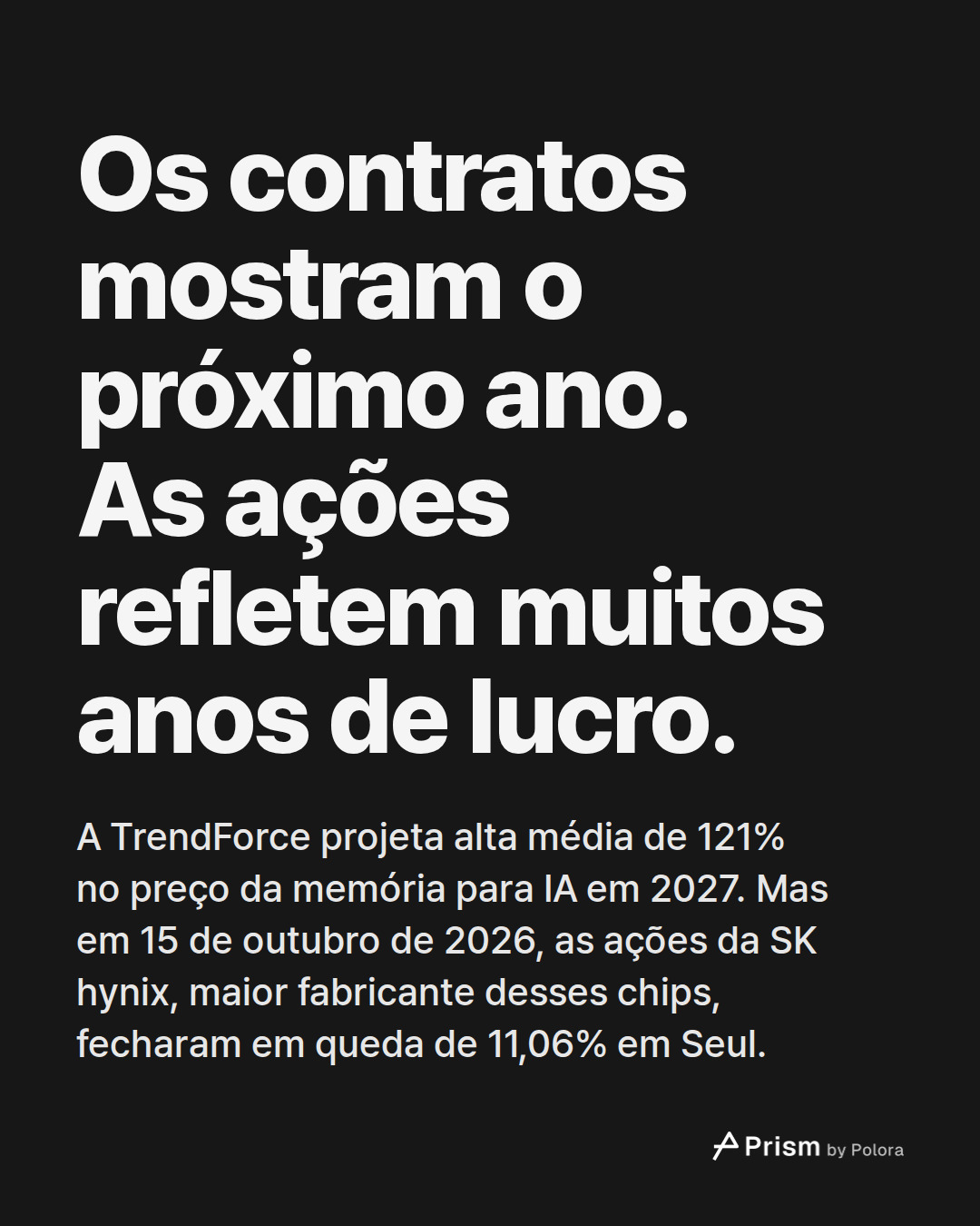 Os contratos mostram o próximo ano. As ações refletem muitos anos de lucro. · A TrendForce projeta alta média de 121% no preço da memória para IA em 2027. Mas em 15 de outubro de 2026, as ações da SK hynix, maior fabricante desses chips, fecharam em queda de 11,06% em Seul.