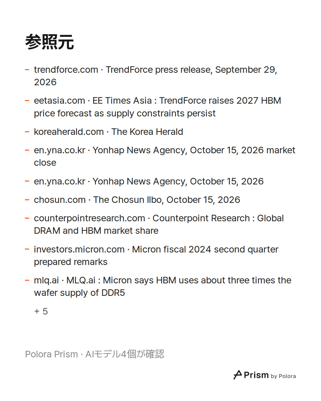 出典 14 : trendforce.com · TrendForce press release, September 29, 2026, eetasia.com · EE Times Asia : TrendForce raises 2027 HBM price forecast as supply constraints persist, koreaherald.com · The Korea Herald + 11