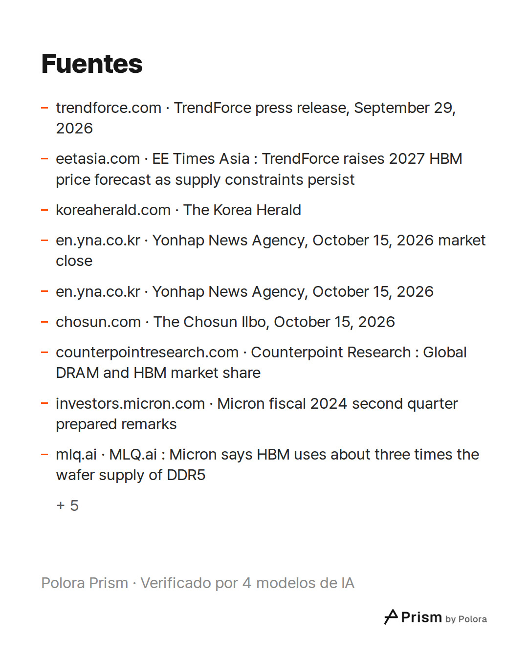 Fuentes 14 : trendforce.com · TrendForce press release, September 29, 2026, eetasia.com · EE Times Asia : TrendForce raises 2027 HBM price forecast as supply constraints persist, koreaherald.com · The Korea Herald + 11