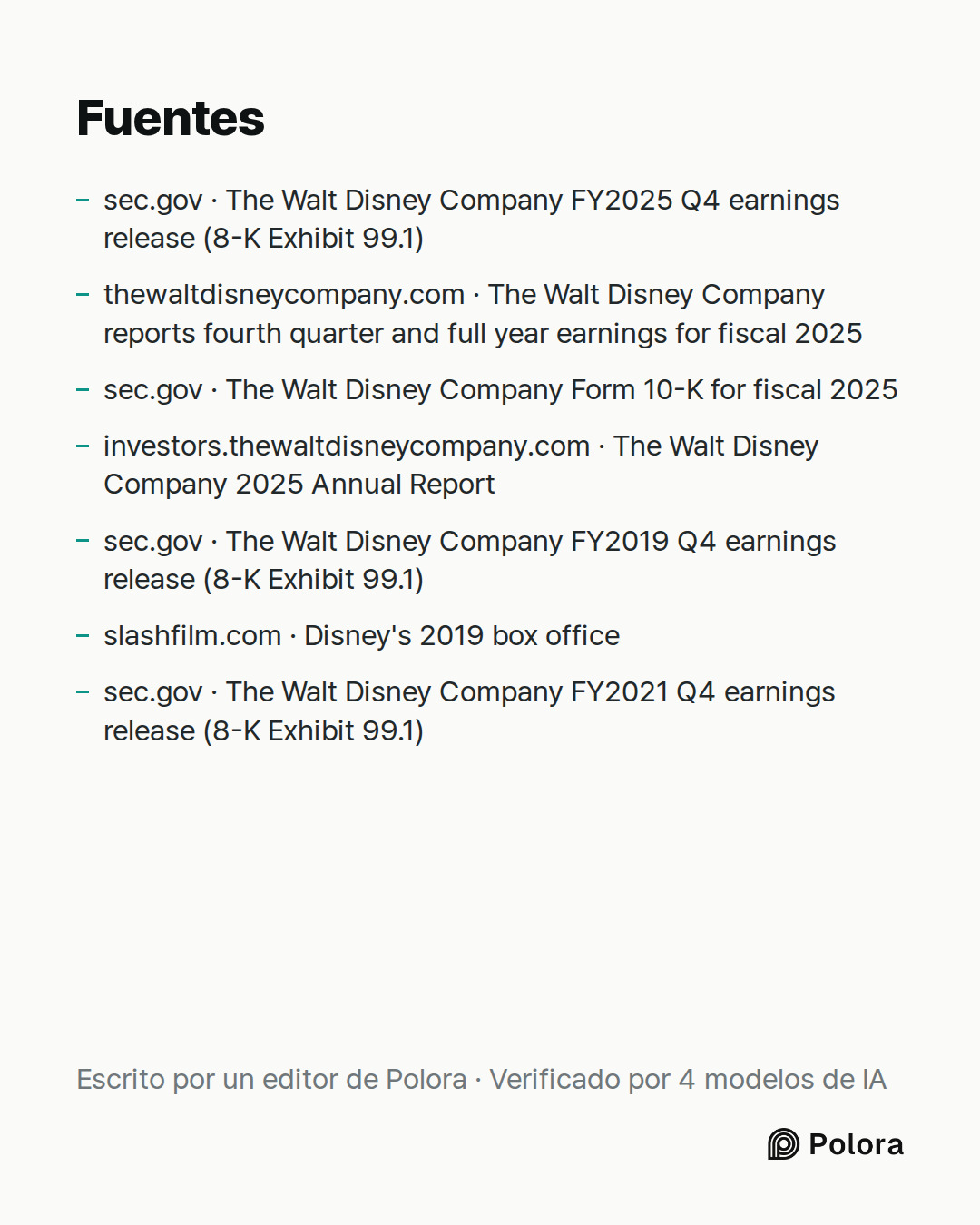 Fuentes 7 : sec.gov · The Walt Disney Company FY2025 Q4 earnings release (8-K Exhibit 99.1), thewaltdisneycompany.com · The Walt Disney Company reports fourth quarter and full year earnings for fiscal 2025, sec.gov · The Walt Disney Company Form 10-K for fiscal 2025 + 4