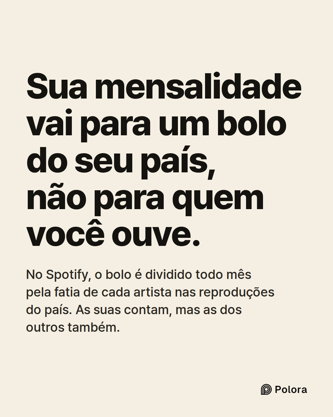 Sua mensalidade vai para um bolo do seu país, não para quem você ouve. · No Spotify, o bolo é dividido todo mês pela fatia de cada artista nas reproduções do país. As suas contam, mas as dos outros também.