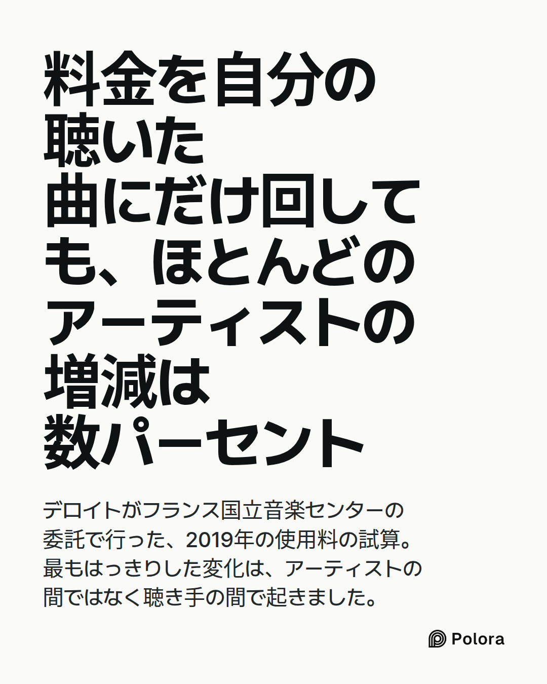 料金を自分の聴いた曲にだけ回しても、ほとんどのアーティストの増減は数パーセント · デロイトがフランス国立音楽センターの委託で行った、2019年の使用料の試算。最もはっきりした変化は、アーティストの間ではなく聴き手の間で起きました。