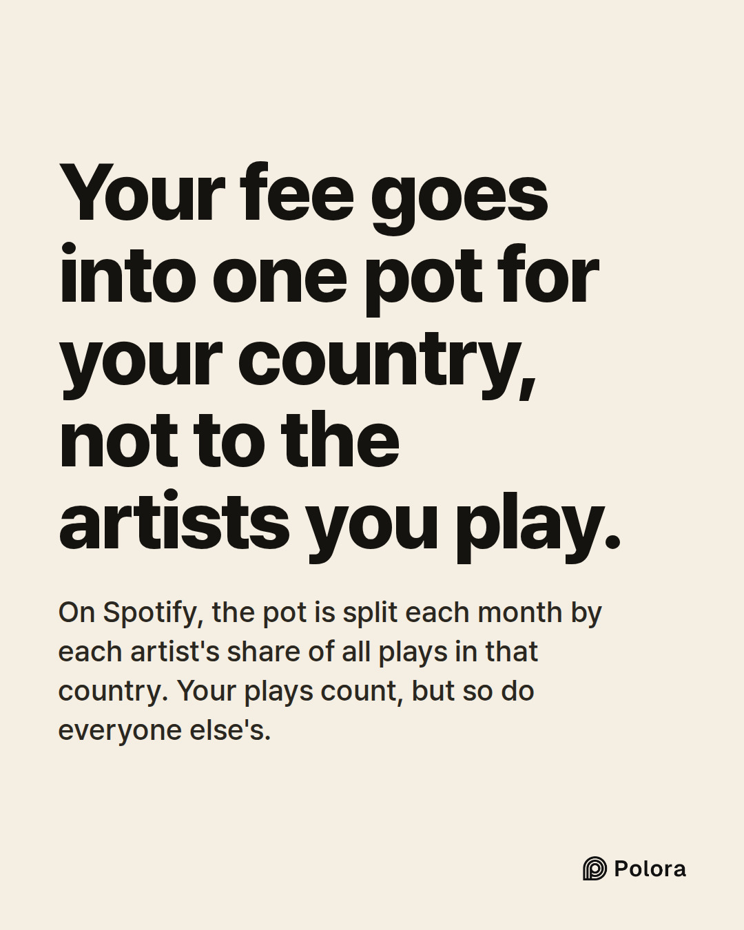 Your fee goes into one pot for your country, not to the artists you play. · On Spotify, the pot is split each month by each artist's share of all plays in that country. Your plays count, but so do everyone else's.