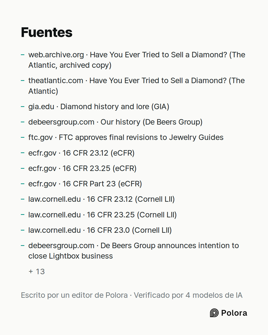 Fuentes 25 : web.archive.org · Have You Ever Tried to Sell a Diamond? (The Atlantic, archived copy), theatlantic.com · Have You Ever Tried to Sell a Diamond? (The Atlantic), gia.edu · Diamond history and lore (GIA) + 22