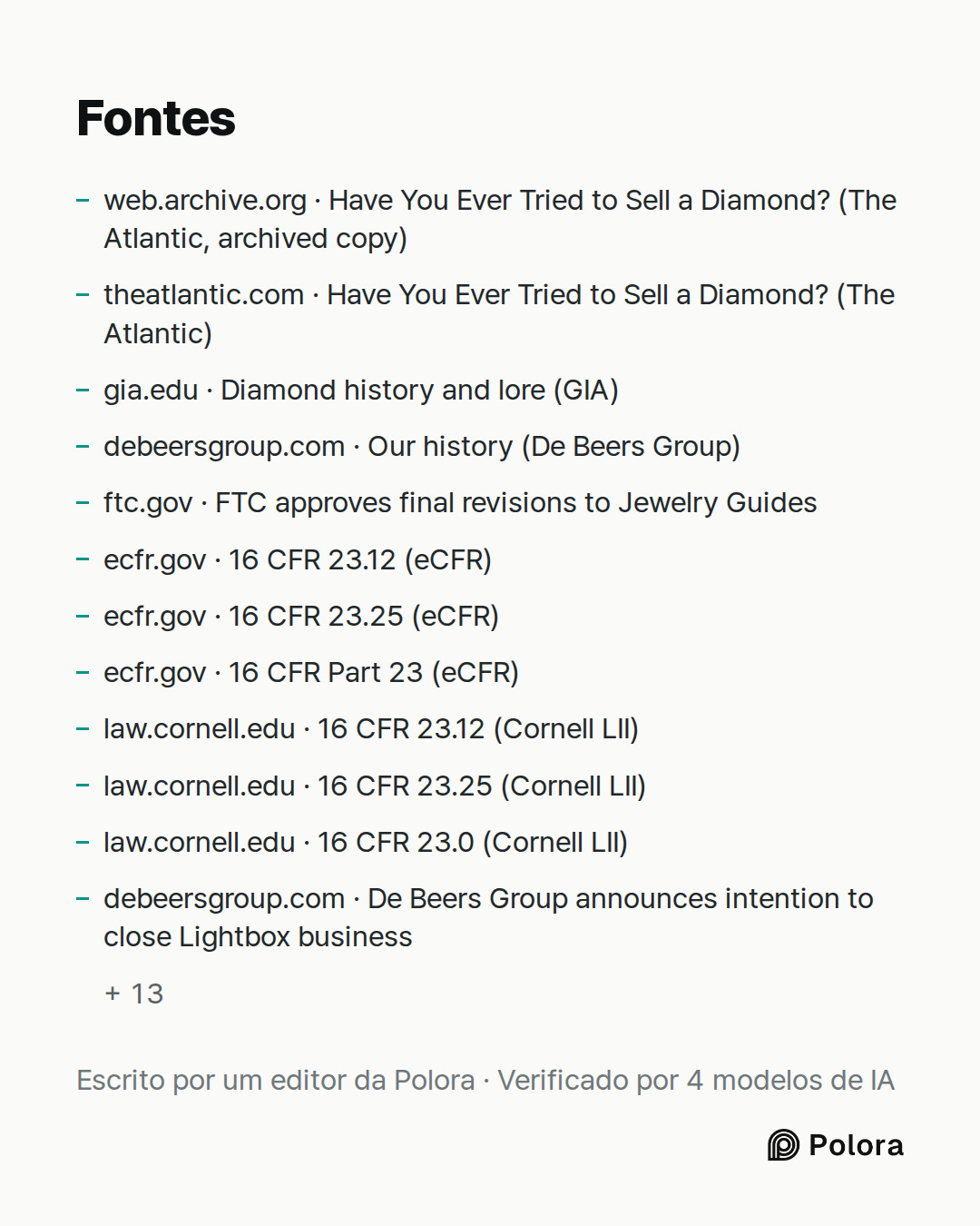 Fontes 25 : web.archive.org · Have You Ever Tried to Sell a Diamond? (The Atlantic, archived copy), theatlantic.com · Have You Ever Tried to Sell a Diamond? (The Atlantic), gia.edu · Diamond history and lore (GIA) + 22