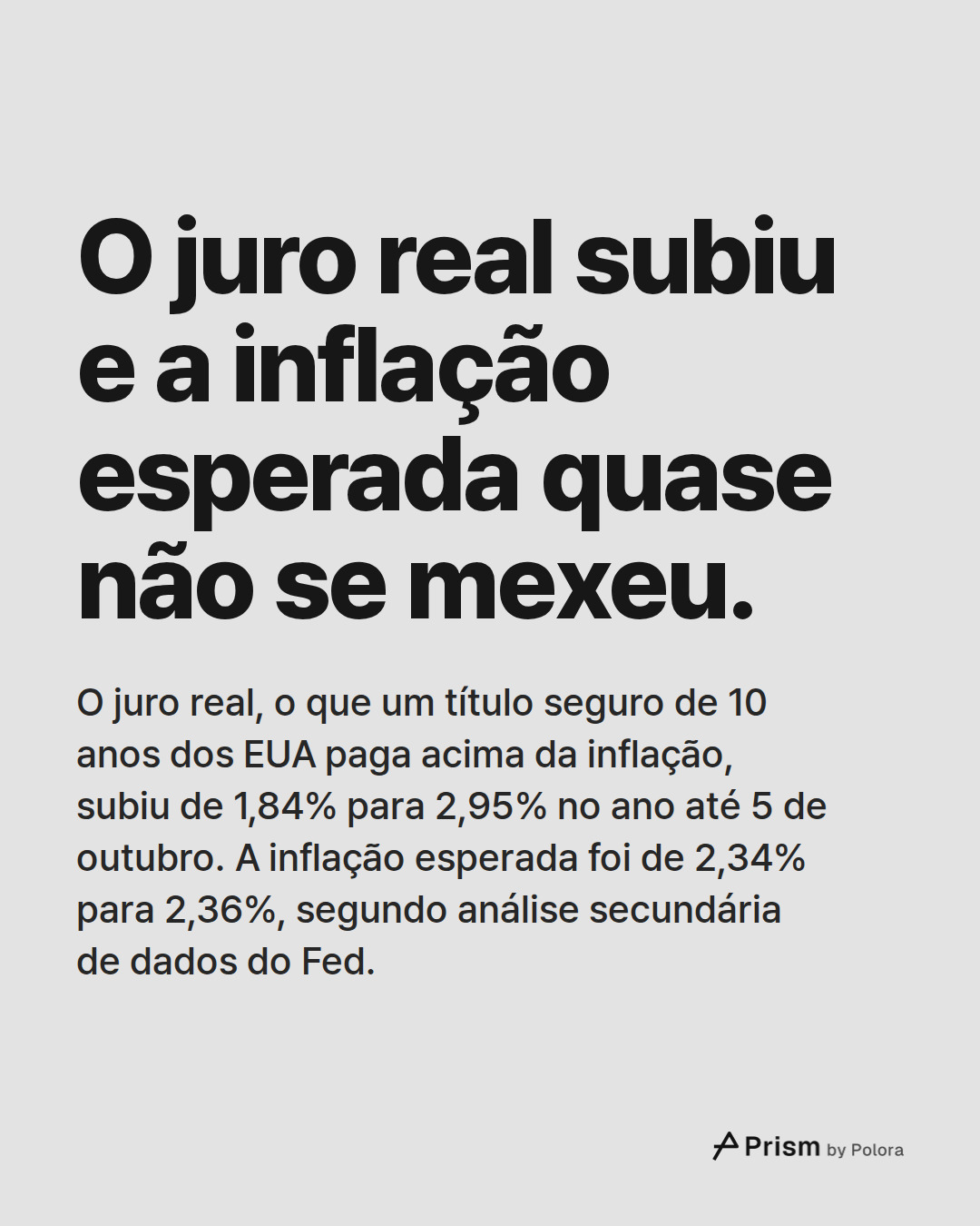 O juro real subiu e a inflação esperada quase não se mexeu. · O juro real, o que um título seguro de 10 anos dos EUA paga acima da inflação, subiu de 1,84% para 2,95% no ano até 5 de outubro. A inflação esperada foi de 2,34% para 2,36%, segundo análise secundária de dados do Fed.