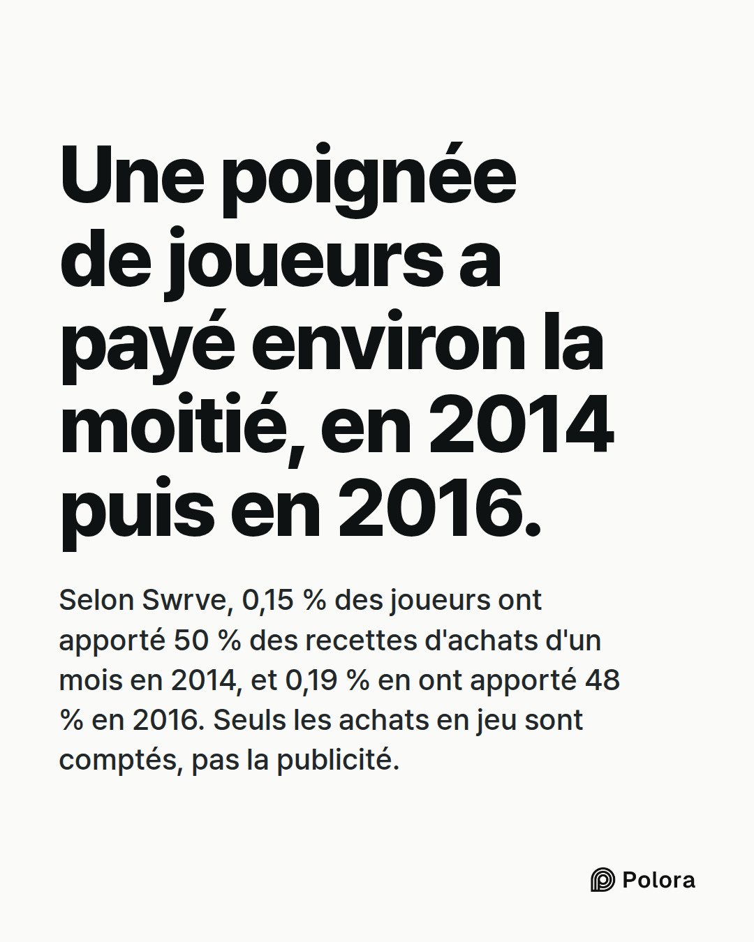 Une poignée de joueurs a payé environ la moitié, en 2014 puis en 2016. · Selon Swrve, 0,15 % des joueurs ont apporté 50 % des recettes d'achats d'un mois en 2014, et 0,19 % en ont apporté 48 % en 2016. Seuls les achats en jeu sont comptés, pas la publicité.
