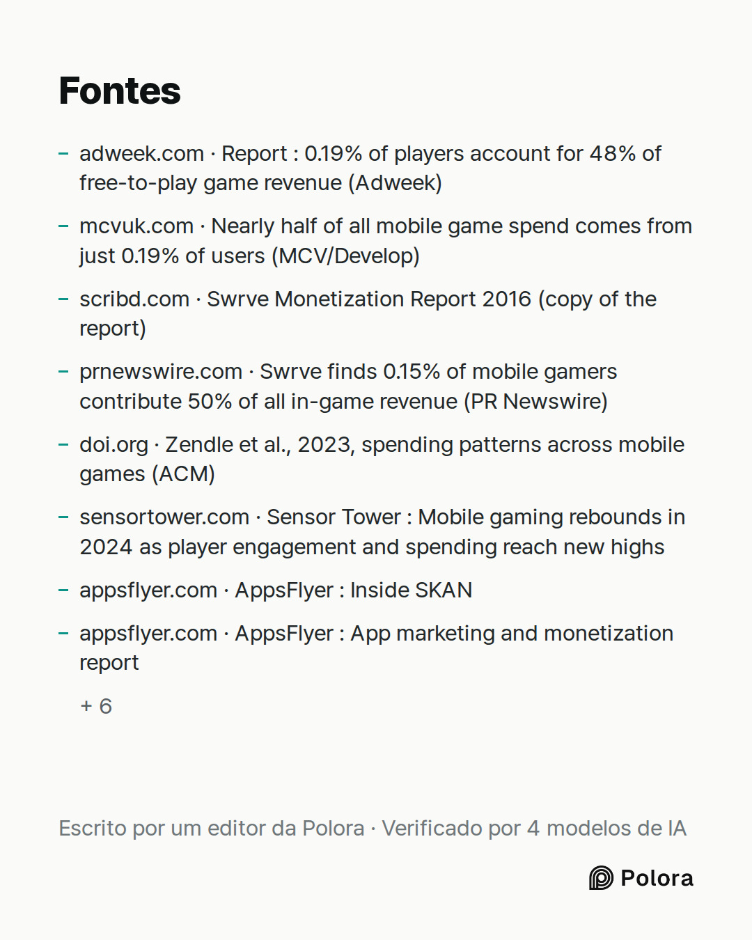 Fontes 14 : adweek.com · Report : 0.19% of players account for 48% of free-to-play game revenue (Adweek), mcvuk.com · Nearly half of all mobile game spend comes from just 0.19% of users (MCV/Develop), scribd.com · Swrve Monetization Report 2016 (copy of the report) + 11