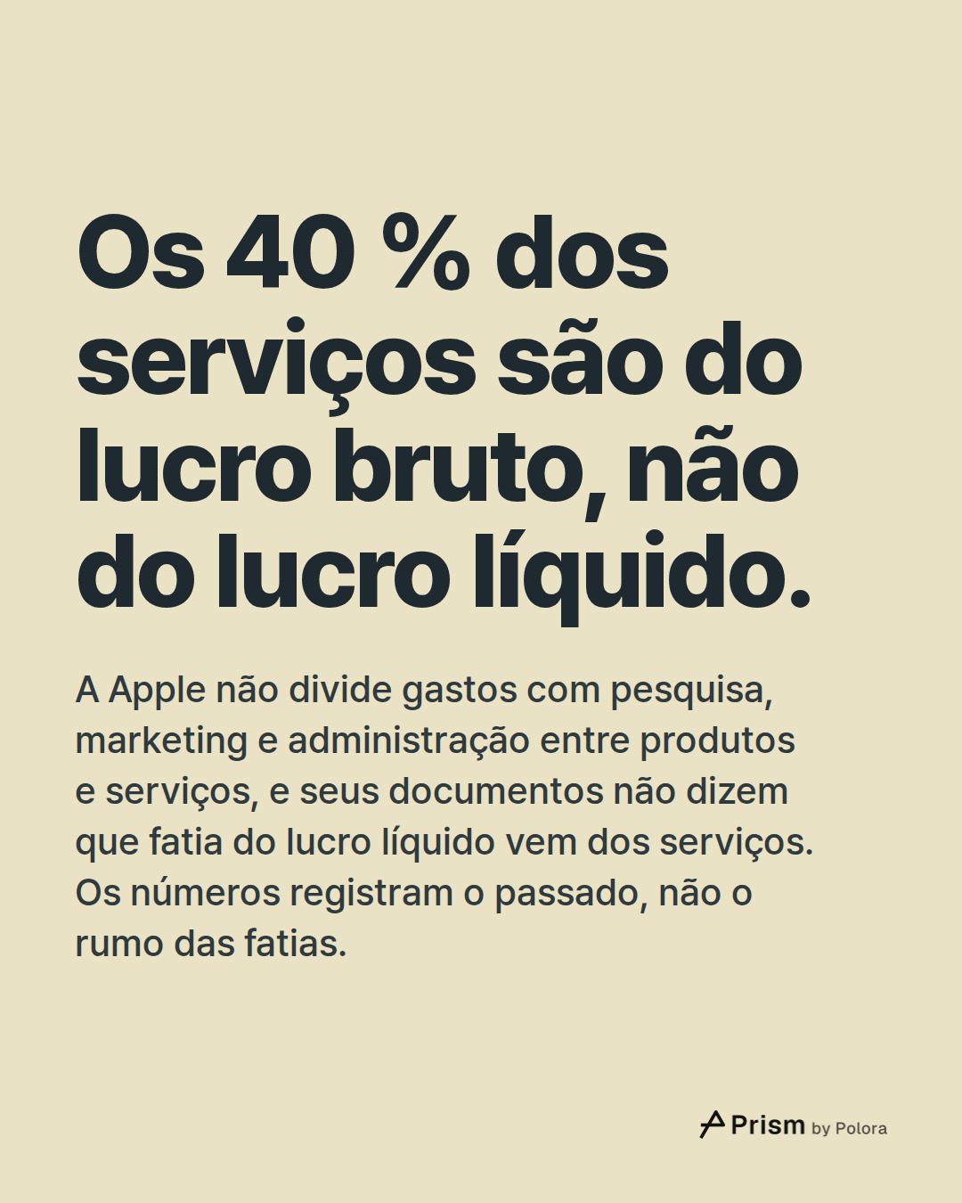 Os 40 % dos serviços são do lucro bruto, não do lucro líquido. · A Apple não divide gastos com pesquisa, marketing e administração entre produtos e serviços, e seus documentos não dizem que fatia do lucro líquido vem dos serviços. Os números registram o passado, não o rumo das fatias.