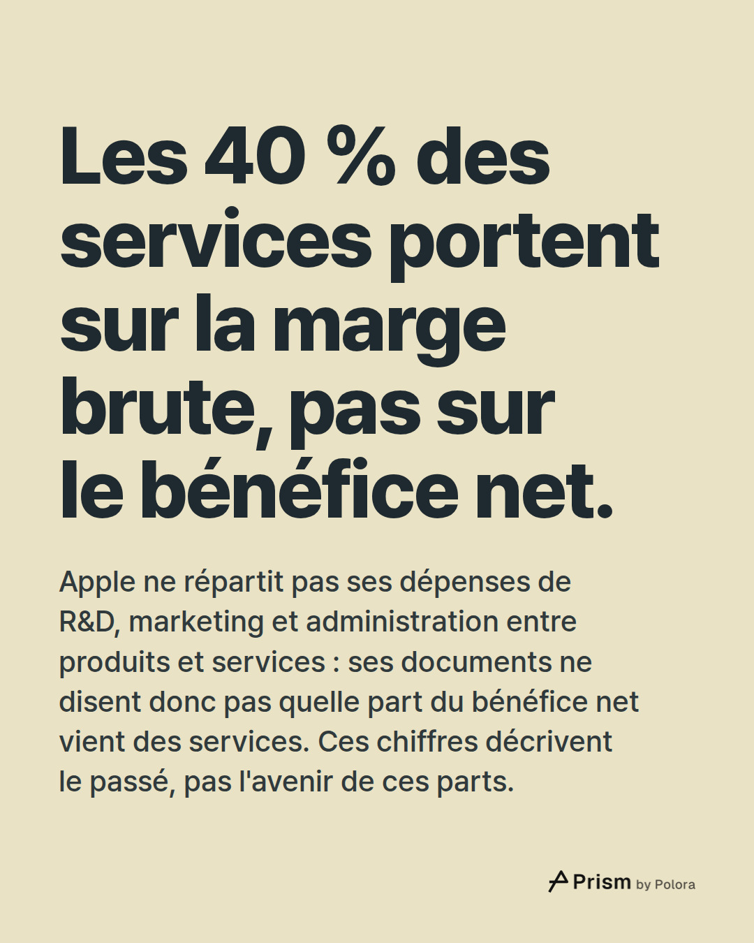Les 40 % des services portent sur la marge brute, pas sur le bénéfice net. · Apple ne répartit pas ses dépenses de R&D, marketing et administration entre produits et services : ses documents ne disent donc pas quelle part du bénéfice net vient des services. Ces chiffres décrivent le passé, pas l'ave