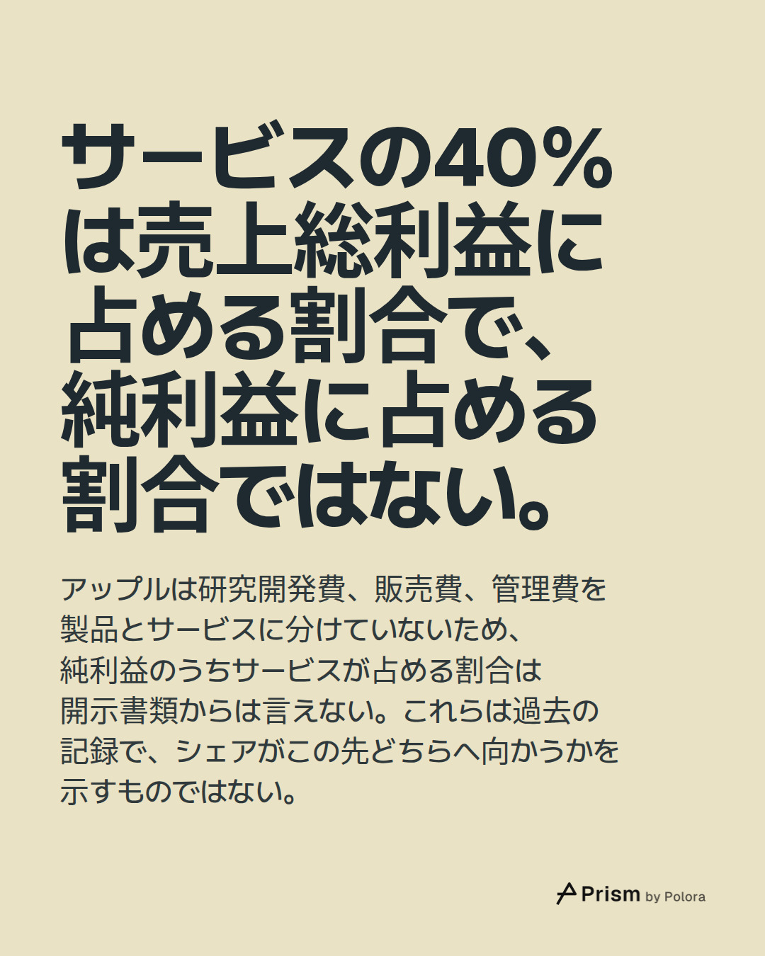 サービスの40%は売上総利益に占める割合で、純利益に占める割合ではない。 · アップルは研究開発費、販売費、管理費を製品とサービスに分けていないため、純利益のうちサービスが占める割合は開示書類からは言えない。これらは過去の記録で、シェアがこの先どちらへ向かうかを示すものではない。