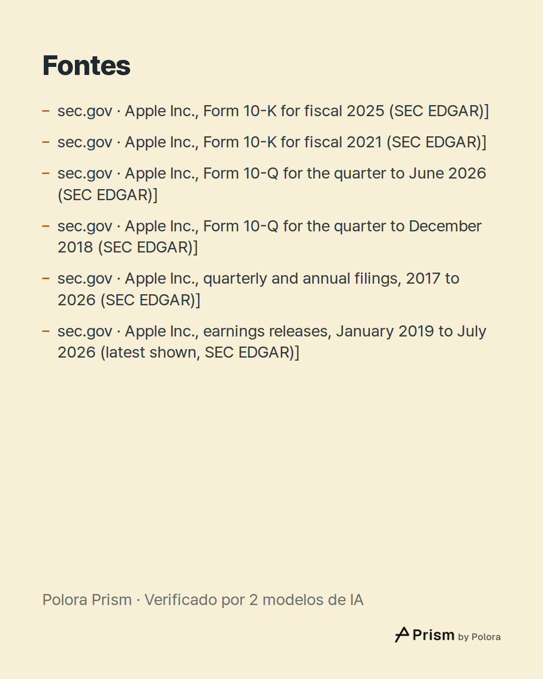 Fontes 6 : sec.gov · Apple Inc., Form 10-K for fiscal 2025 (SEC EDGAR)], sec.gov · Apple Inc., Form 10-K for fiscal 2021 (SEC EDGAR)], sec.gov · Apple Inc., Form 10-Q for the quarter to June 2026 (SEC EDGAR)] + 3