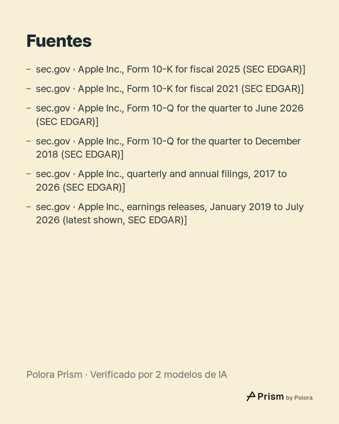 Fuentes 6 : sec.gov · Apple Inc., Form 10-K for fiscal 2025 (SEC EDGAR)], sec.gov · Apple Inc., Form 10-K for fiscal 2021 (SEC EDGAR)], sec.gov · Apple Inc., Form 10-Q for the quarter to June 2026 (SEC EDGAR)] + 3
