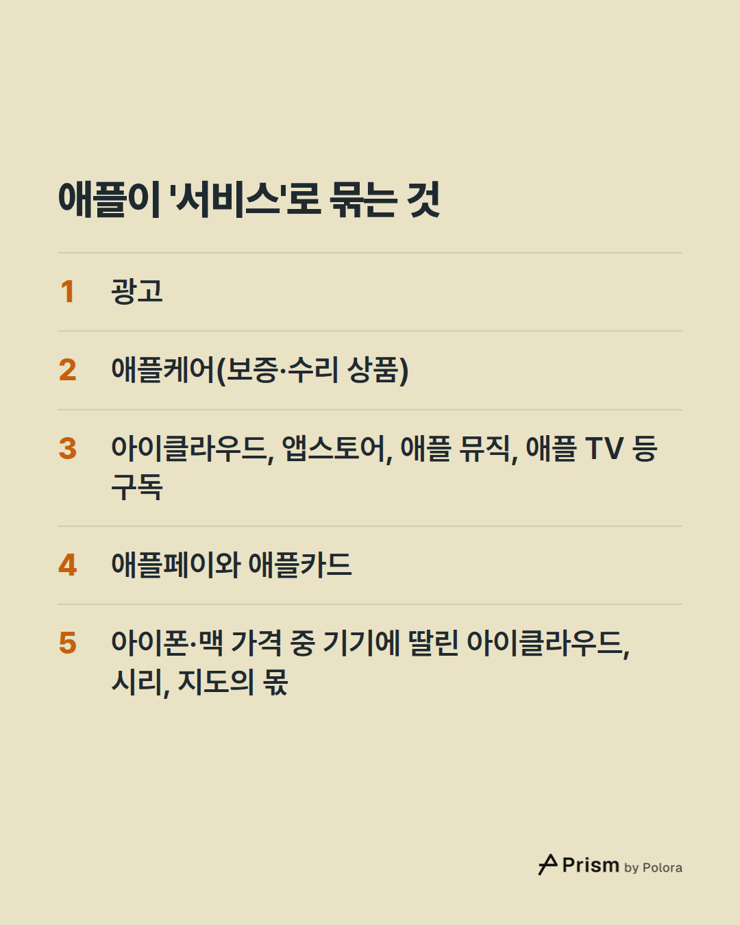 애플이 '서비스'로 묶는 것 · 광고 · 애플케어(보증·수리 상품) · 아이클라우드, 앱스토어, 애플 뮤직, 애플 TV 등 구독 · 애플페이와 애플카드 · 아이폰·맥 가격 중 기기에 딸린 아이클라우드, 시리, 지도의 몫