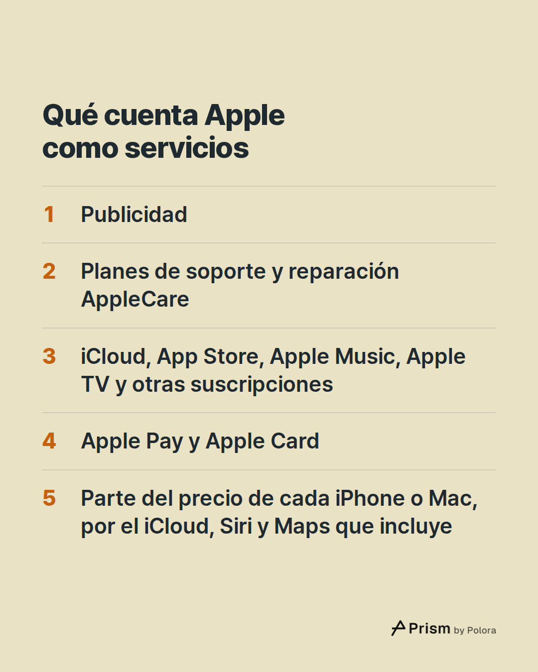 Qué cuenta Apple como servicios · Publicidad · Planes de soporte y reparación AppleCare · iCloud, App Store, Apple Music, Apple TV y otras suscripciones · Apple Pay y Apple Card · Parte del precio de cada iPhone o Mac, por el iCloud, Siri y Maps que incluye
