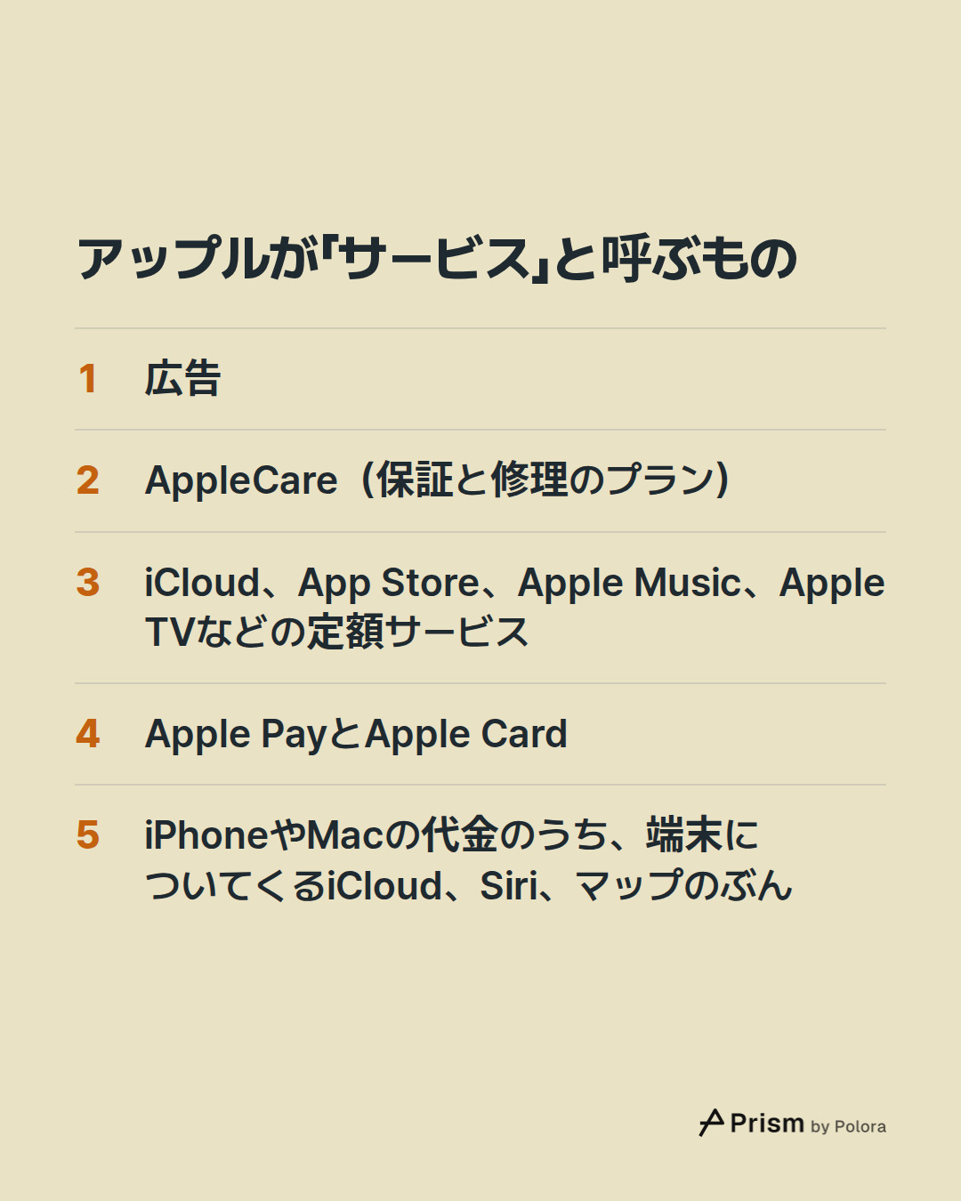 アップルが「サービス」と呼ぶもの · 広告 · AppleCare(保証と修理のプラン) · iCloud、App Store、Apple Music、Apple TVなどの定額サービス · Apple PayとApple Card · iPhoneやMacの代金のうち、端末についてくるiCloud、Siri、マップのぶん