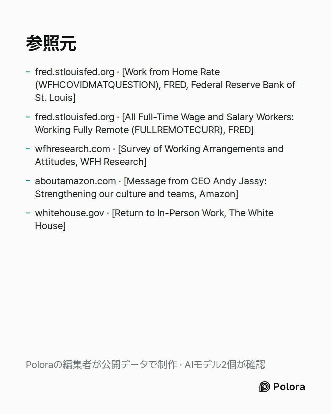 出典 5 : fred.stlouisfed.org · [Work from Home Rate (WFHCOVIDMATQUESTION), FRED, Federal Reserve Bank of St. Louis], fred.stlouisfed.org · [All Full-Time Wage and Salary Workers: Working Fully Remote (FULLREMOTECURR), FRED], wfhresearch.com · [Survey of Working Arrangements and Attitudes, WFH Research