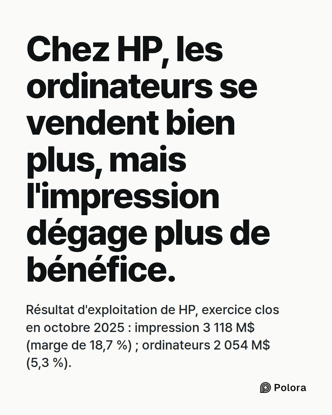 Chez HP, les ordinateurs se vendent bien plus, mais l'impression dégage plus de bénéfice. · Résultat d'exploitation de HP, exercice clos en octobre 2025 : impression 3 118 M$ (marge de 18,7 %) ; ordinateurs 2 054 M$ (5,3 %).
