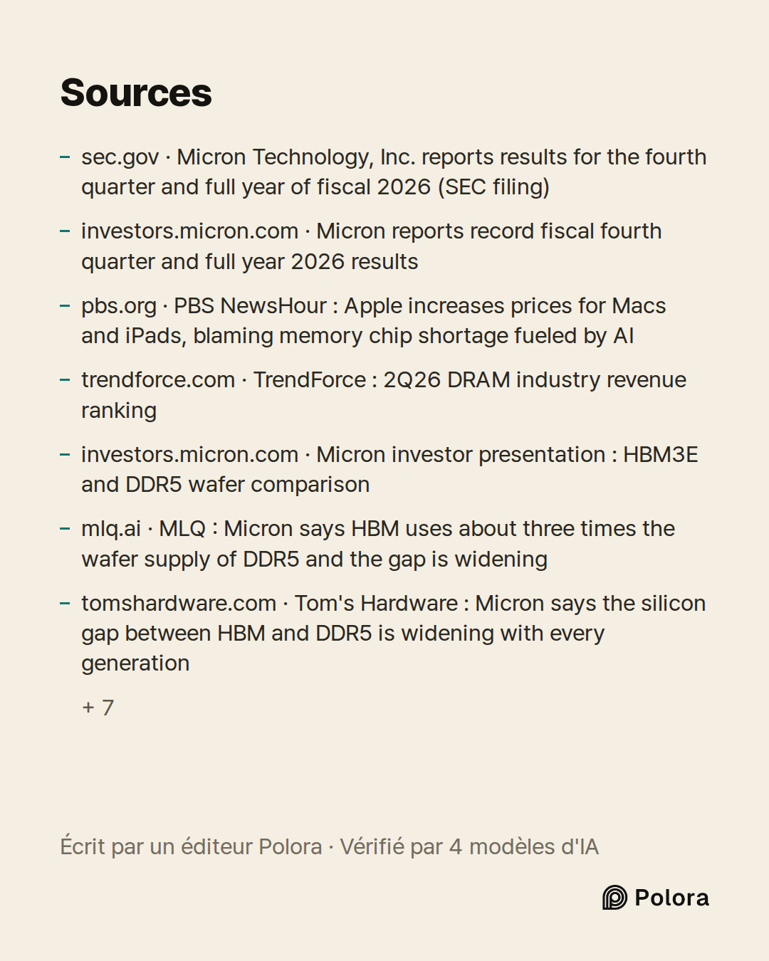 Sources 14 : sec.gov · Micron Technology, Inc. reports results for the fourth quarter and full year of fiscal 2026 (SEC filing), investors.micron.com · Micron reports record fiscal fourth quarter and full year 2026 results, pbs.org · PBS NewsHour : Apple increases prices for Macs and iPads, blaming