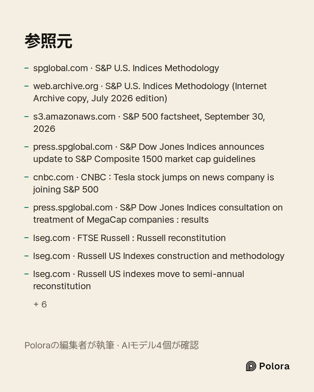 出典 15 : spglobal.com · S&P U.S. Indices Methodology, web.archive.org · S&P U.S. Indices Methodology (Internet Archive copy, July 2026 edition), s3.amazonaws.com · S&P 500 factsheet, September 30, 2026 + 12