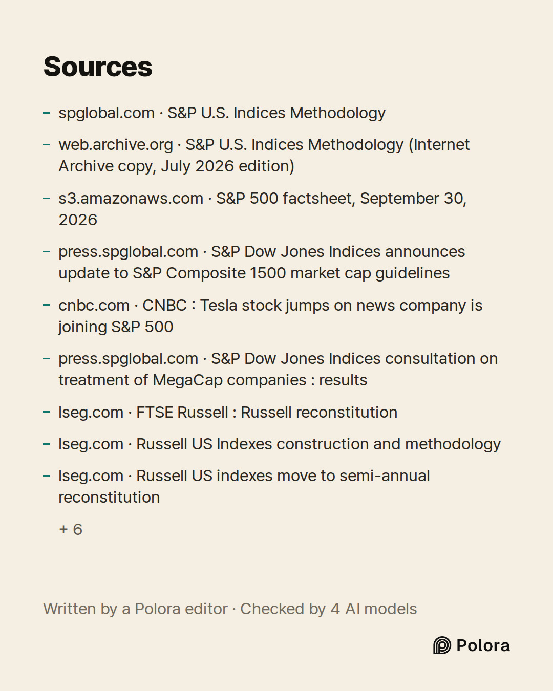 Sources 15 : spglobal.com · S&P U.S. Indices Methodology, web.archive.org · S&P U.S. Indices Methodology (Internet Archive copy, July 2026 edition), s3.amazonaws.com · S&P 500 factsheet, September 30, 2026 + 12