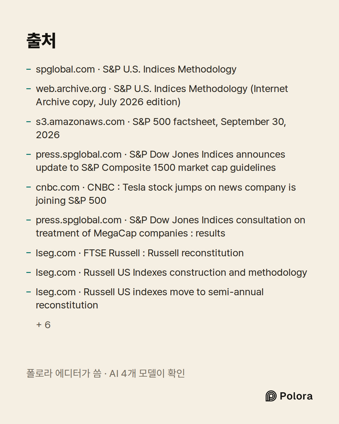 출처 15 : spglobal.com · S&P U.S. Indices Methodology, web.archive.org · S&P U.S. Indices Methodology (Internet Archive copy, July 2026 edition), s3.amazonaws.com · S&P 500 factsheet, September 30, 2026 + 12