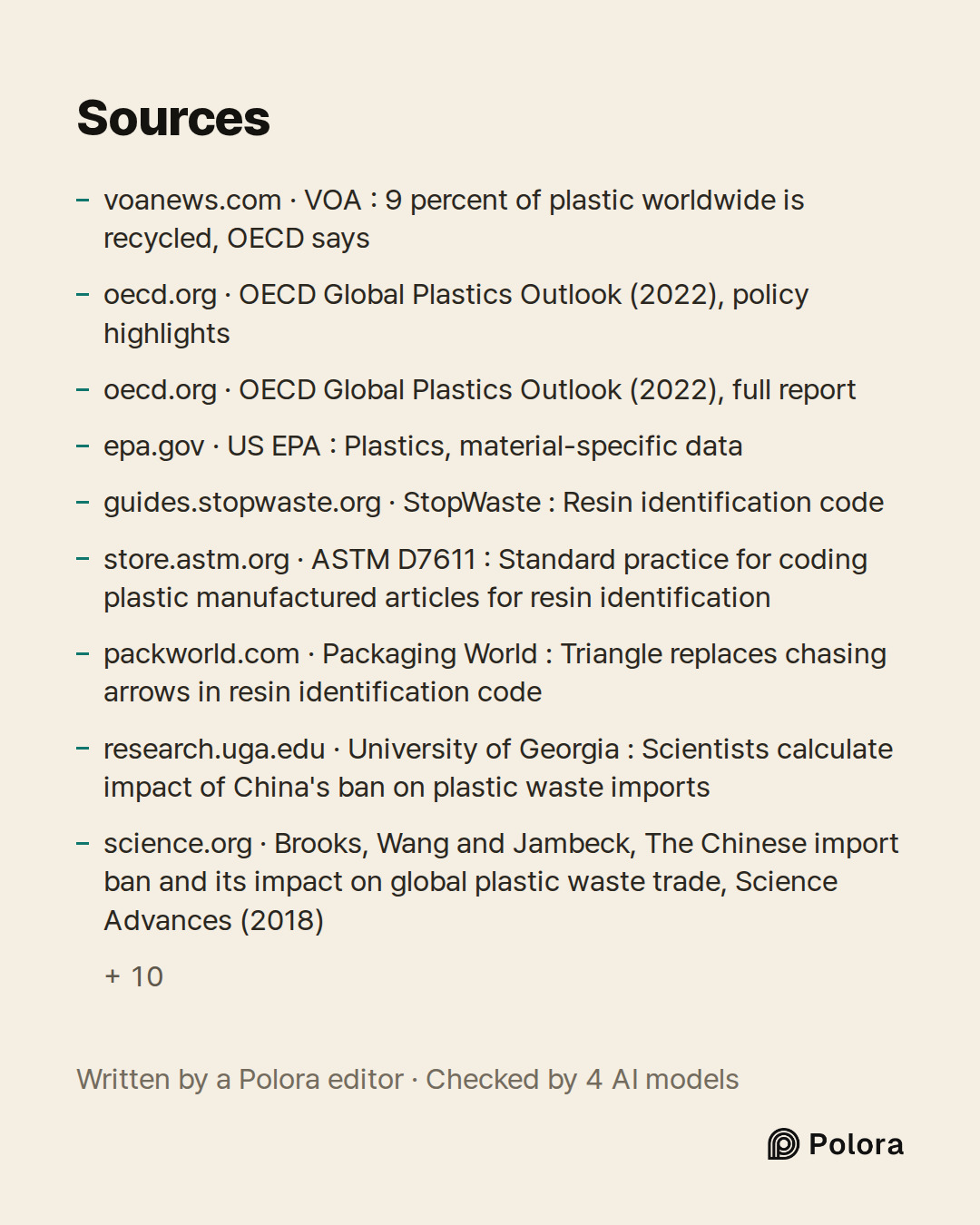 Sources 19 : voanews.com · VOA : 9 percent of plastic worldwide is recycled, OECD says, oecd.org · OECD Global Plastics Outlook (2022), policy highlights, oecd.org · OECD Global Plastics Outlook (2022), full report + 16