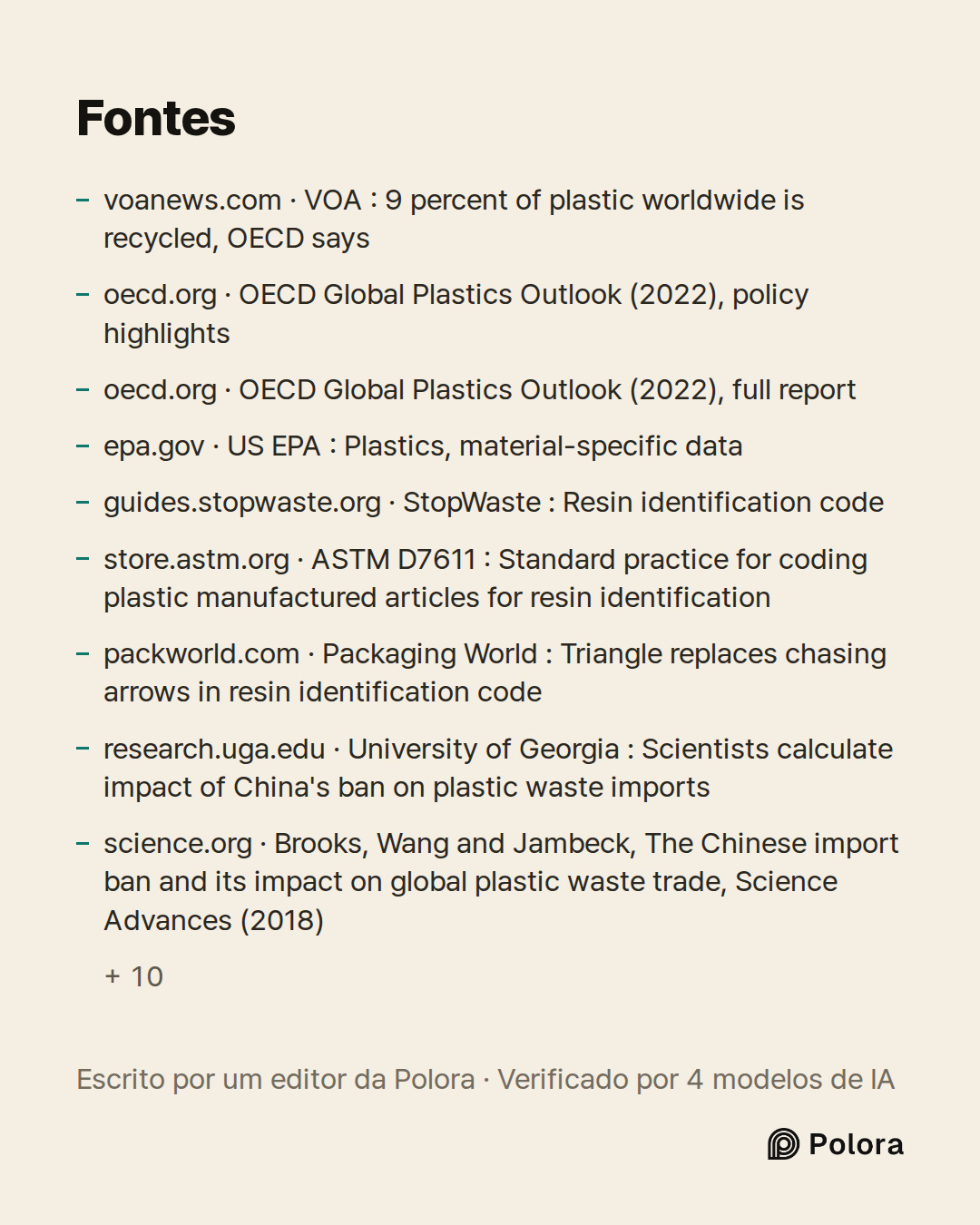 Fontes 19 : voanews.com · VOA : 9 percent of plastic worldwide is recycled, OECD says, oecd.org · OECD Global Plastics Outlook (2022), policy highlights, oecd.org · OECD Global Plastics Outlook (2022), full report + 16