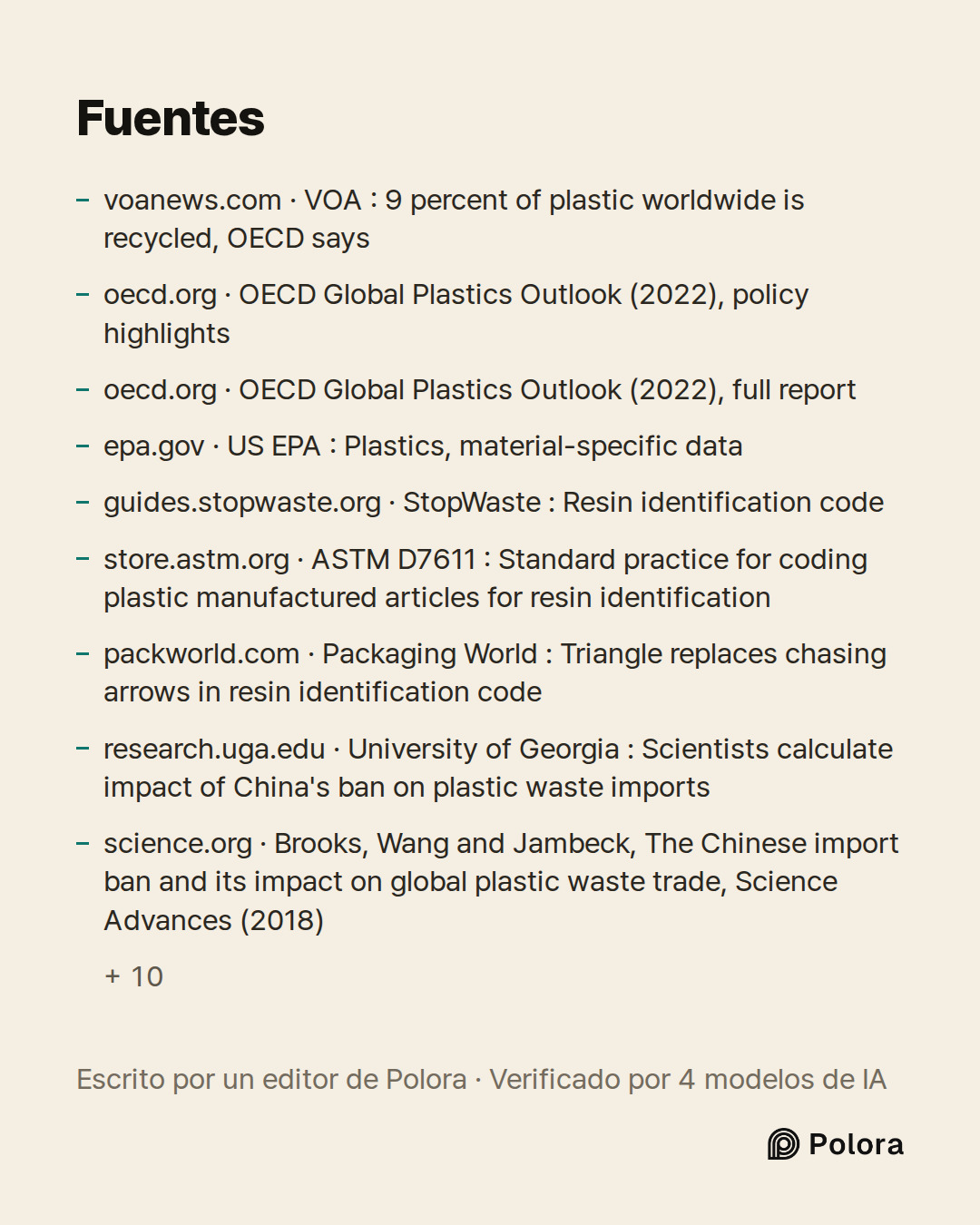 Fuentes 19 : voanews.com · VOA : 9 percent of plastic worldwide is recycled, OECD says, oecd.org · OECD Global Plastics Outlook (2022), policy highlights, oecd.org · OECD Global Plastics Outlook (2022), full report + 16