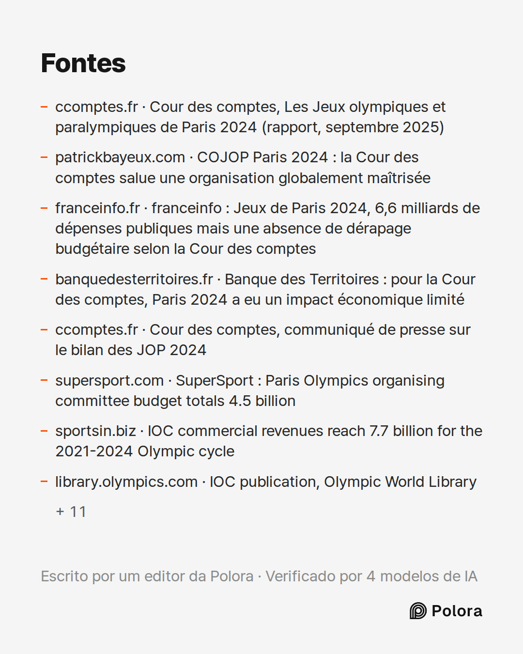 Fontes 19 : ccomptes.fr · Cour des comptes, Les Jeux olympiques et paralympiques de Paris 2024 (rapport, septembre 2025), patrickbayeux.com · COJOP Paris 2024 : la Cour des comptes salue une organisation globalement maîtrisée, franceinfo.fr · franceinfo : Jeux de Paris 2024, 6,6 milliards de dépense