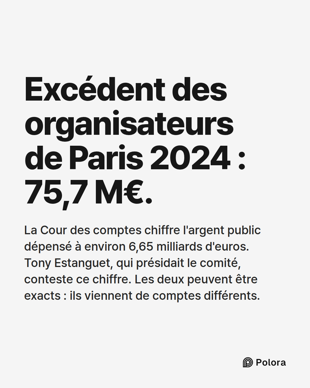 Excédent des organisateurs de Paris 2024 : 75,7 M€. · La Cour des comptes chiffre l'argent public dépensé à environ 6,65 milliards d'euros. Tony Estanguet, qui présidait le comité, conteste ce chiffre. Les deux peuvent être exacts : ils viennent de comptes différents.