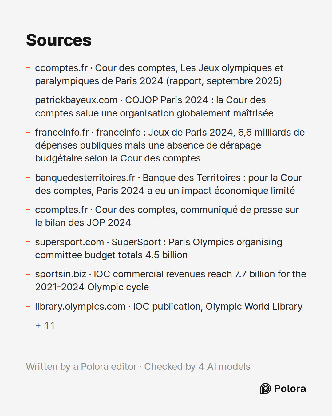 Sources 19 : ccomptes.fr · Cour des comptes, Les Jeux olympiques et paralympiques de Paris 2024 (rapport, septembre 2025), patrickbayeux.com · COJOP Paris 2024 : la Cour des comptes salue une organisation globalement maîtrisée, franceinfo.fr · franceinfo : Jeux de Paris 2024, 6,6 milliards de dépens